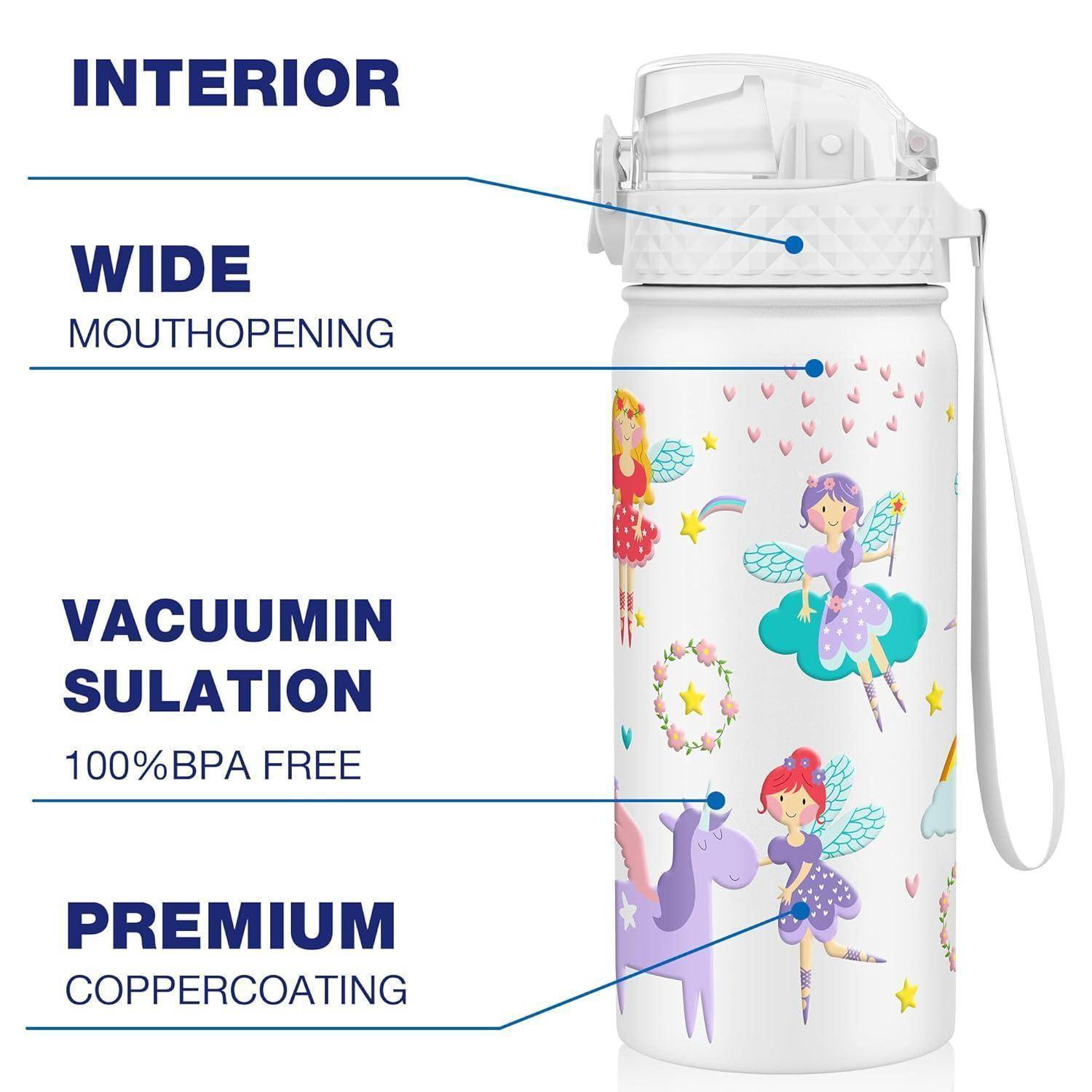 Wasserflasche mit Illustrationen von Feen und Einhörnern. Merkmale umfassen eine breite Öffnung, Vakuumisolierung und Kupferbeschichtung.