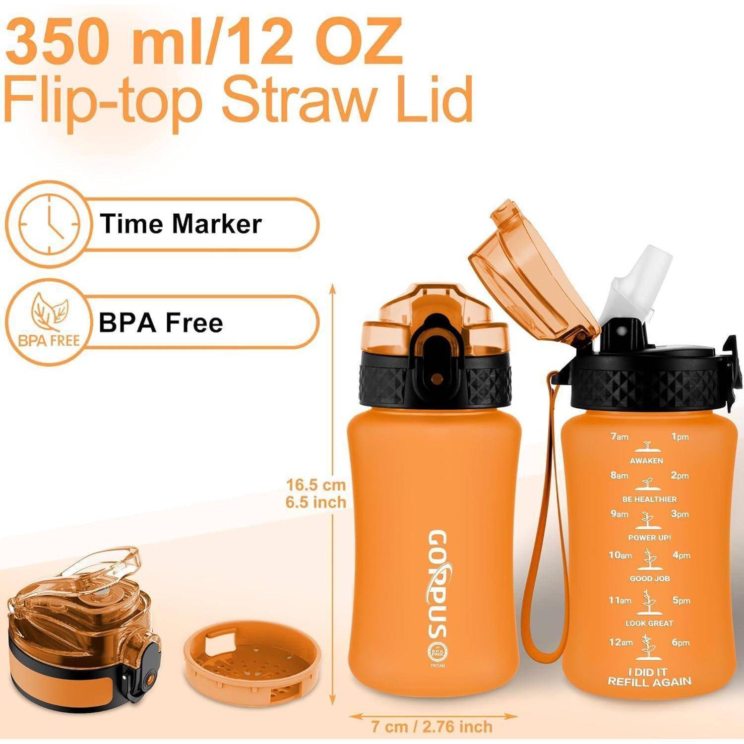 Orangefarbene Wasserflasche mit 350 ml/12 OZ und Klappdeckel-Strohhalm-Deckel. Ausgestattet mit Zeitmarkierung, BPA-freiem Etikett und motivierenden Erinnerungen.