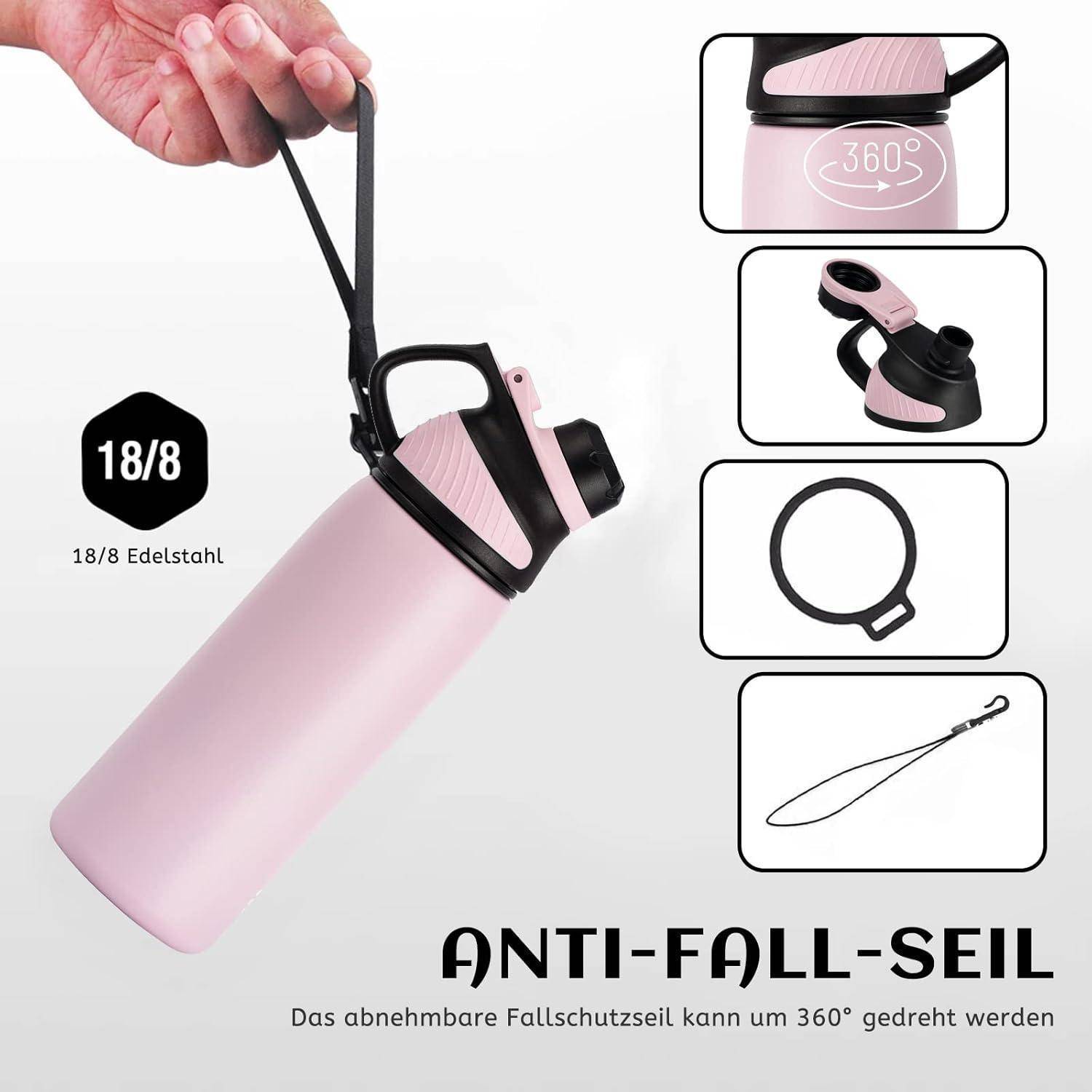 Eine pinke Flasche mit einem schwarzen Sturz-Schutzriemen, einem um 360° drehbaren Deckel und einem abnehmbaren Seil. Etikett trägt den Schriftzug 