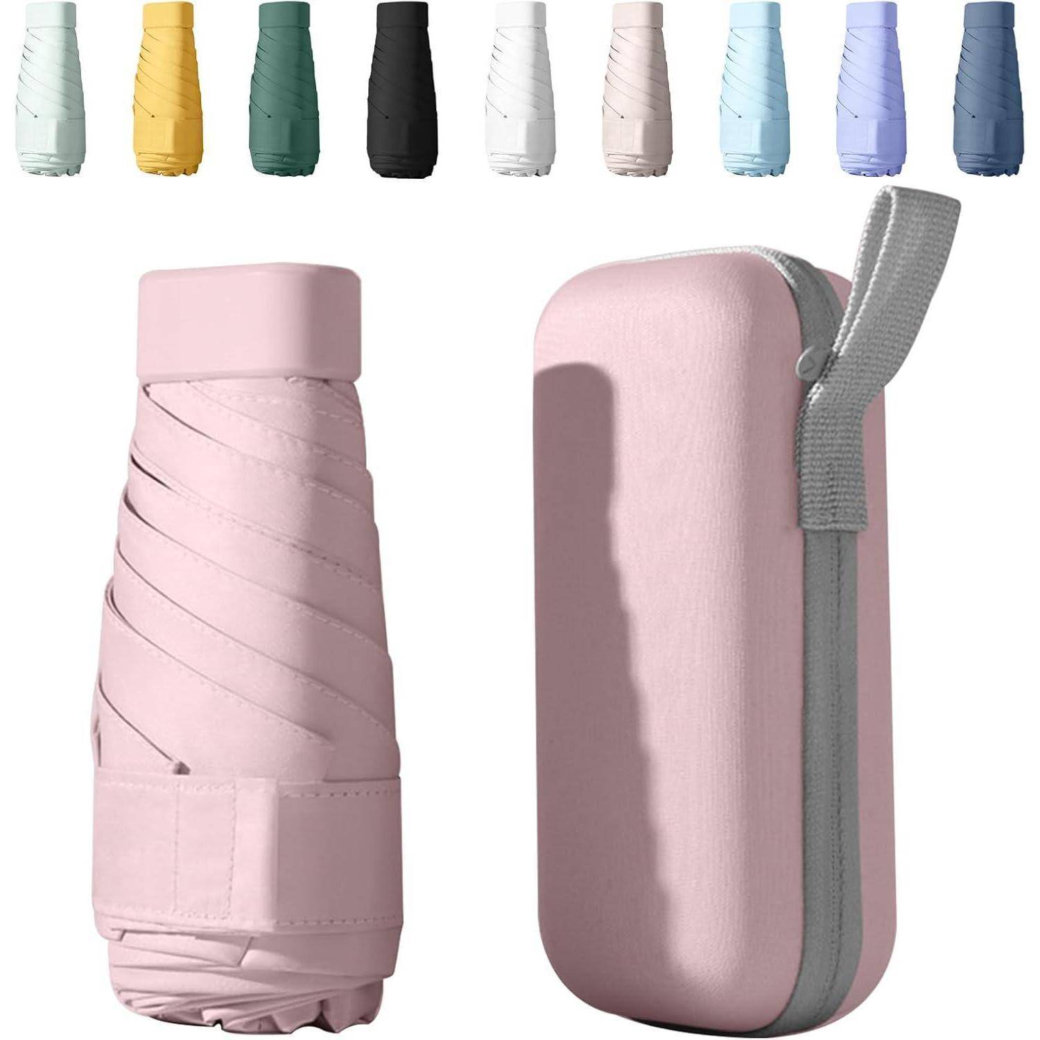 Eine pinke zusammenfaltbare Wasserflasche wird neben ihrer zugezippten Tragetasche gezeigt. Über der Flasche sind mehrere Farboptionen in einer Reihe abgebildet.