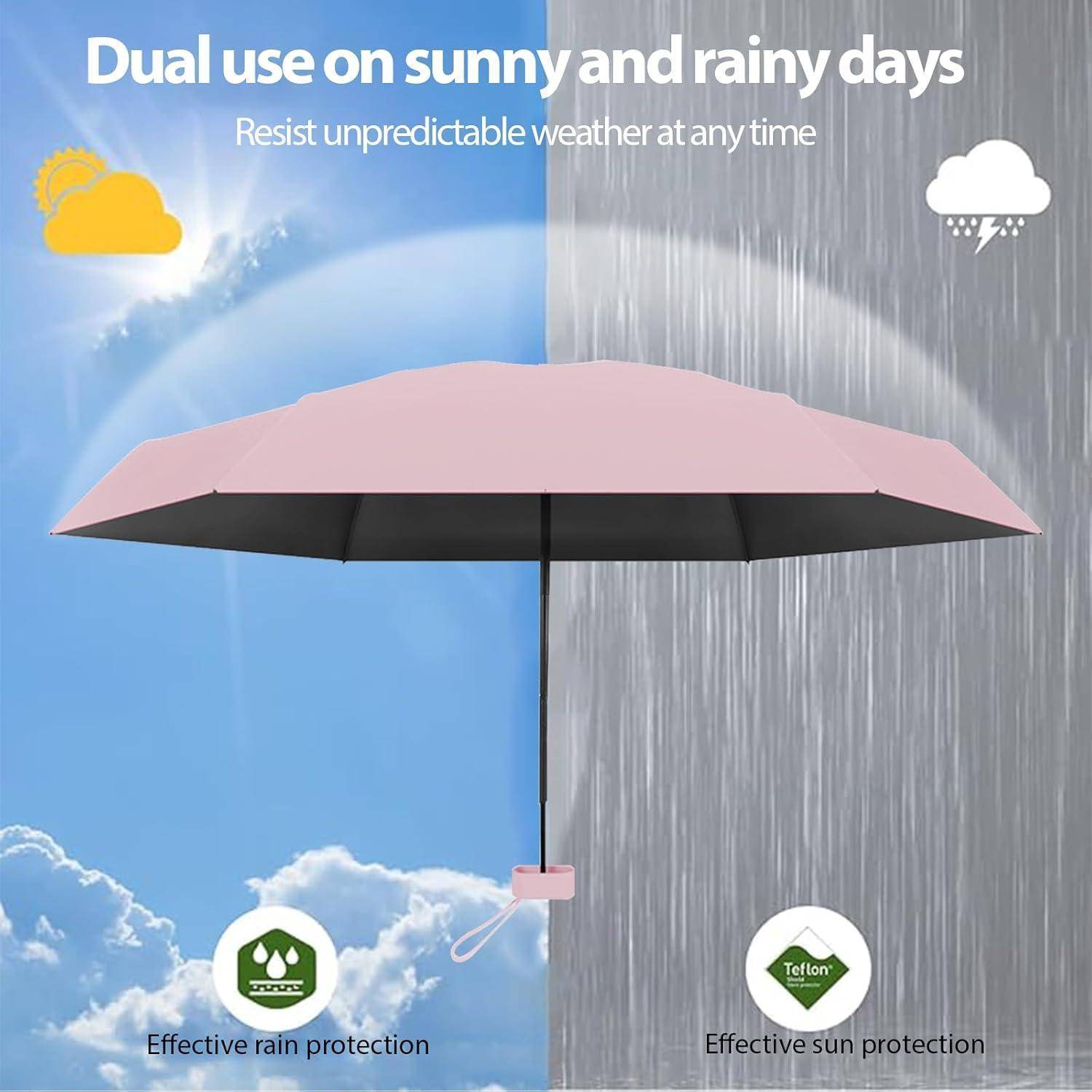 Doppelnutzung an sonnigen und regnerischen Tagen: effektiver Regenschutz, effektiver Sonnenschutz.' Das Bild zeigt einen Regenschirm unter Sonne und Regen.