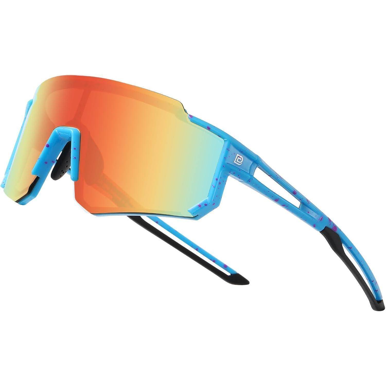 Elegante, eckige Sonnenbrille mit einer leuchtend orange getönten Linse und blauem Rahmen, designed für einen modernen, sportlichen Look.