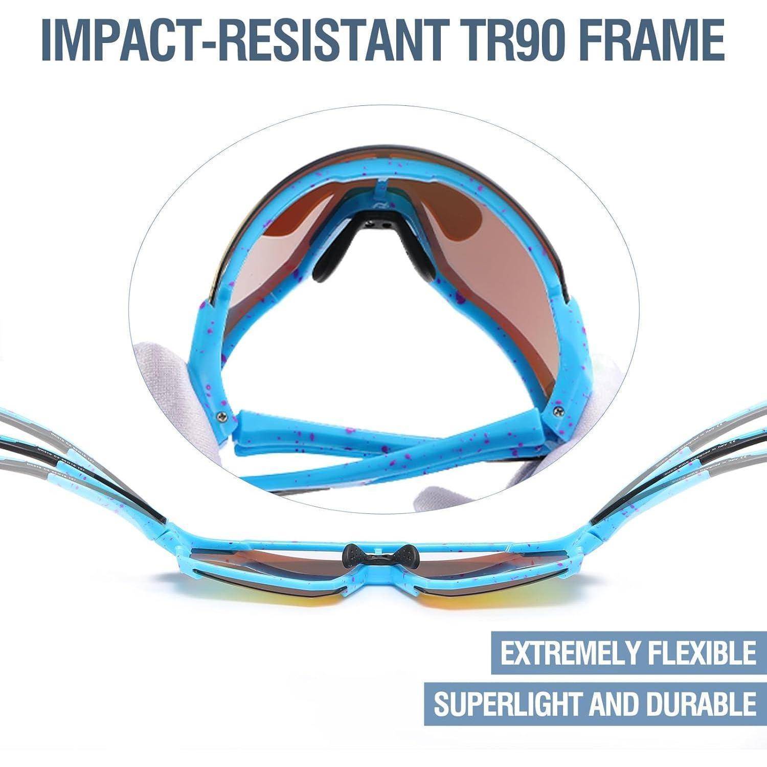Stoßfeste Sonnenbrille mit TR90-Rahmen in Blau, mit flexiblen Nasenpads und Bügeln. Text lautet: 'Extrem flexibel. Superleicht und langlebig.