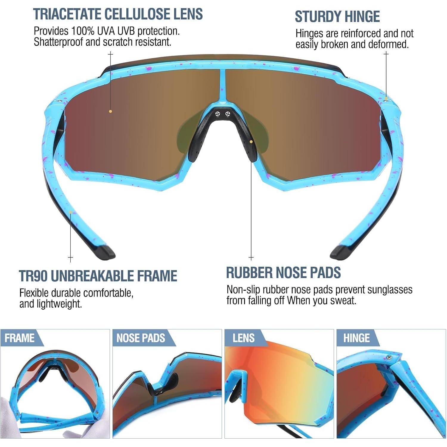 Sporttaucherbrille mit blauen Rahmen, ausgestattet mit einer Triazelatzellulose-Linse zum UV-Schutz, robusten Scharnieren und Gummi-Nasenpads für Komfort.