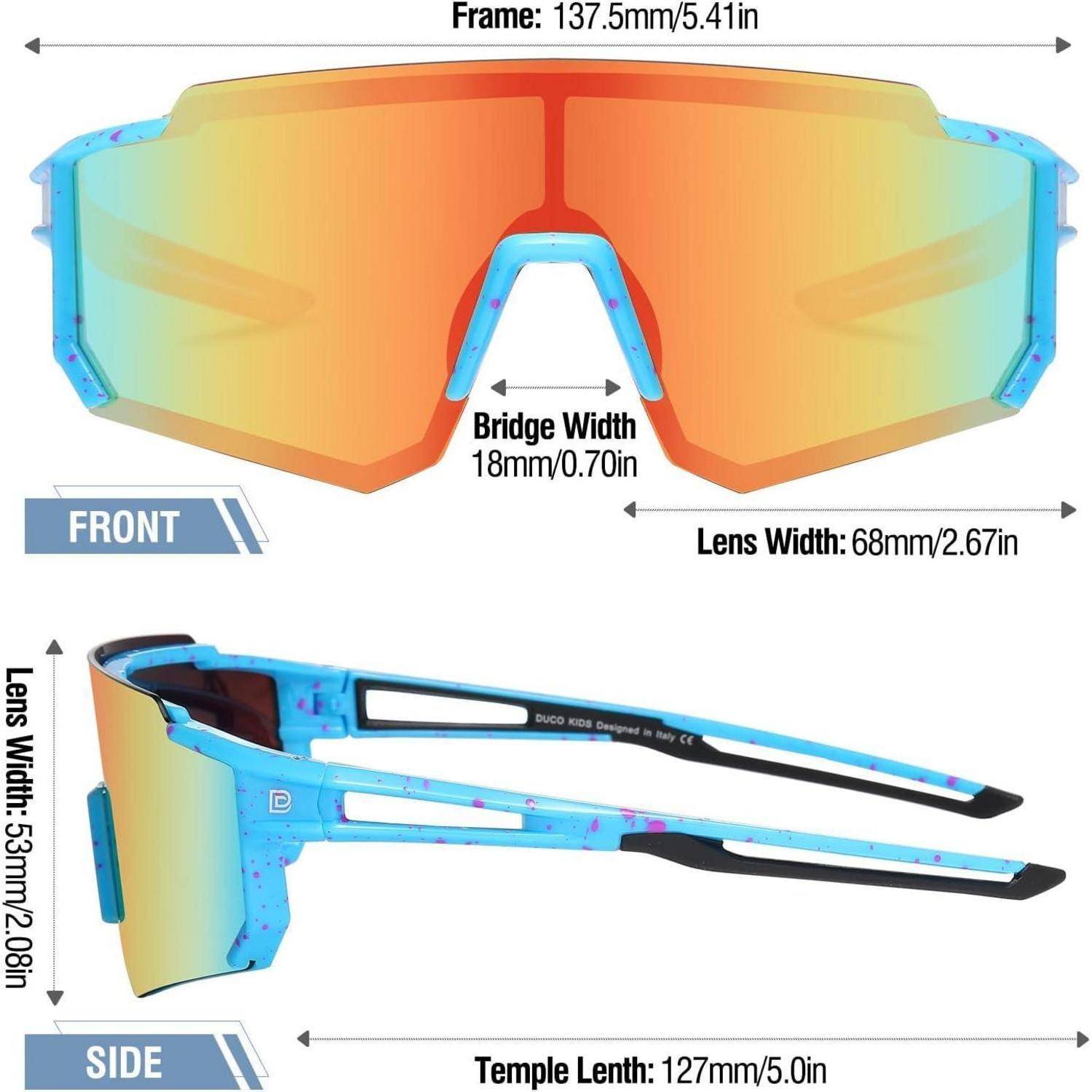 Frontansicht und Seitenansicht von Sonnenbrille mit blauem Rahmen und orangefarbenen Gläsern. Schlüsseldimensionen: Rahmenbreite 5,41 Zoll, Stegbreite 0,70 Zoll, Glasbreite 2,67 Zoll, Bügellänge 5,0 Zoll.