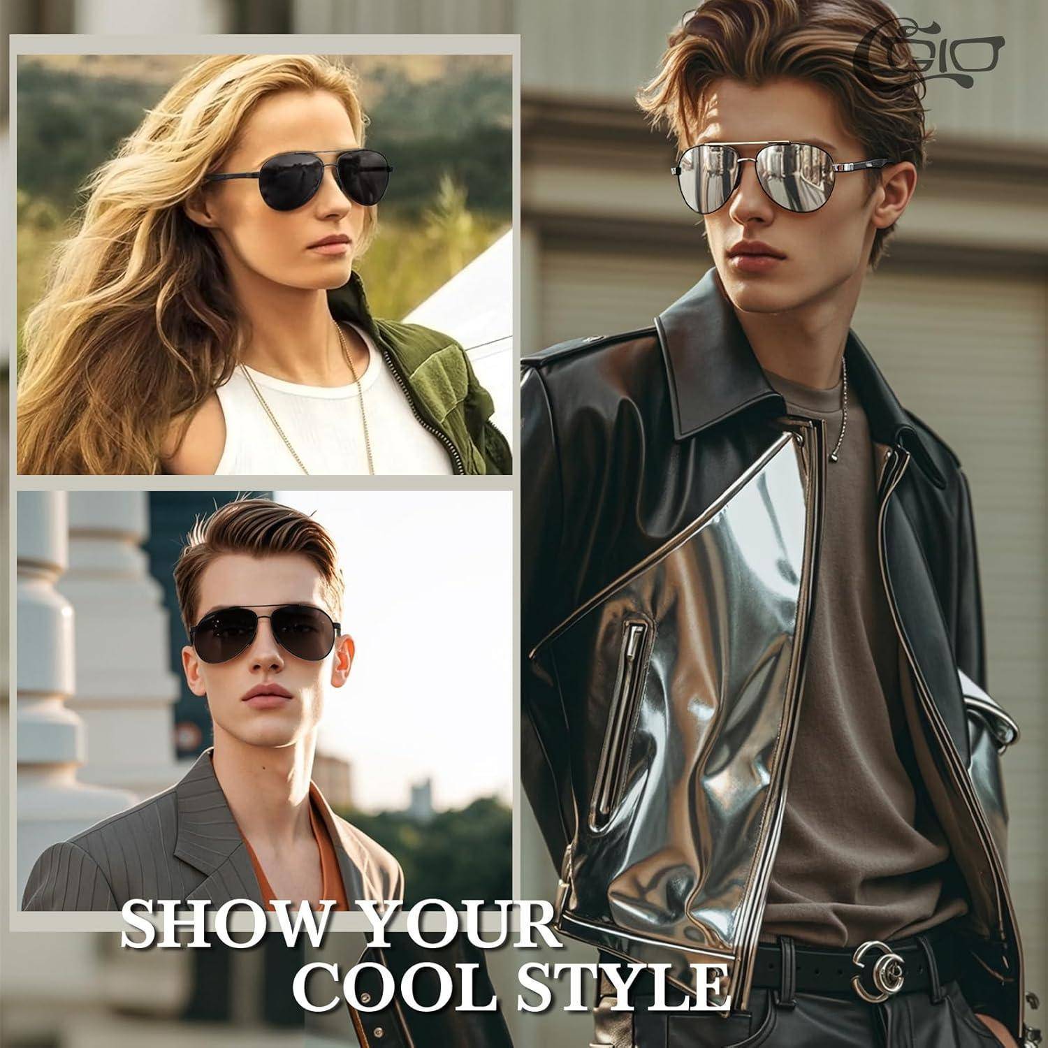 Eine Collage mit drei Modemodels, die Sonnenbrillen im Freien tragen und trendige Stile präsentieren. Text lautet: 