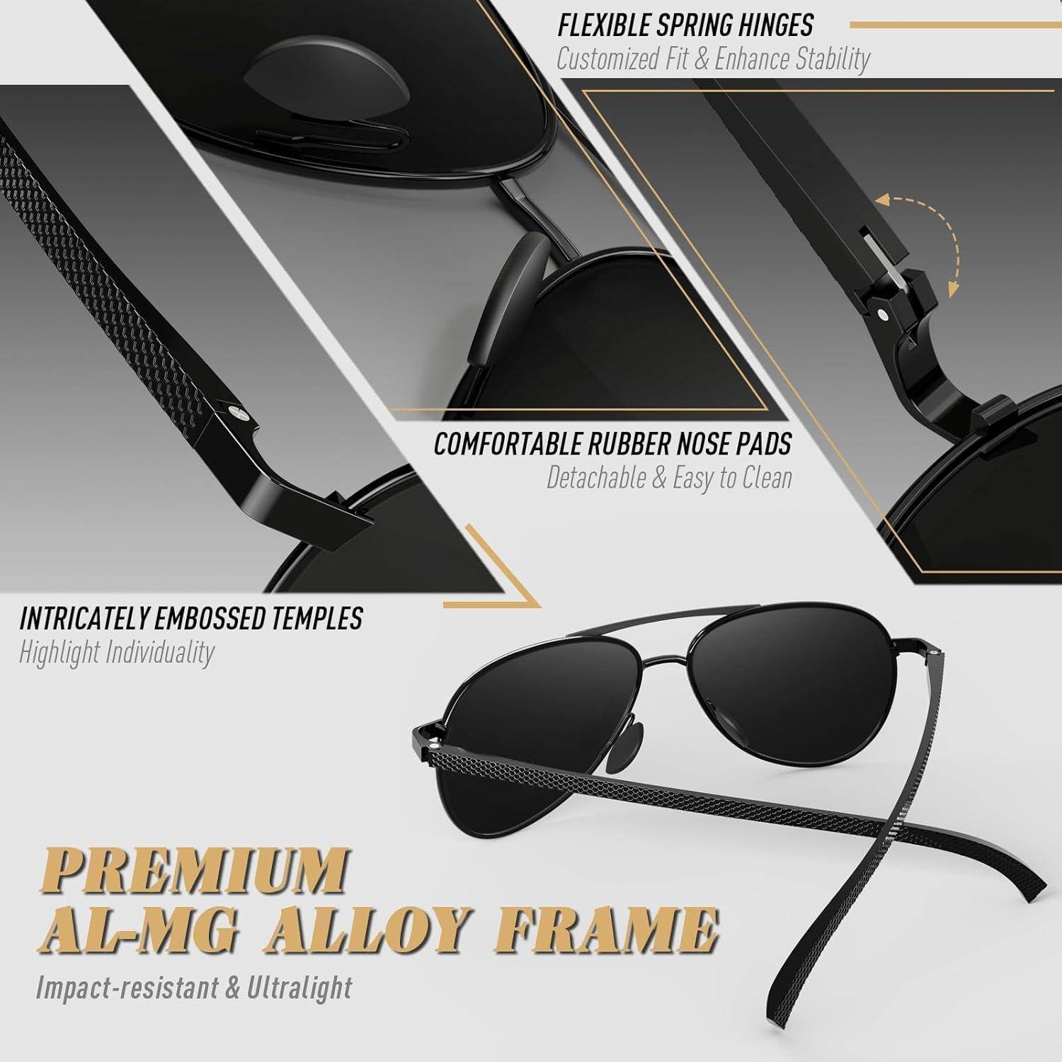 Sonnenbrille mit hochwertigem AL-MG Legierungsrahmen, flexiblen Federscharnieren, Gummi-Nasenpads und geprägten Bügeln für Komfort und Langlebigkeit.