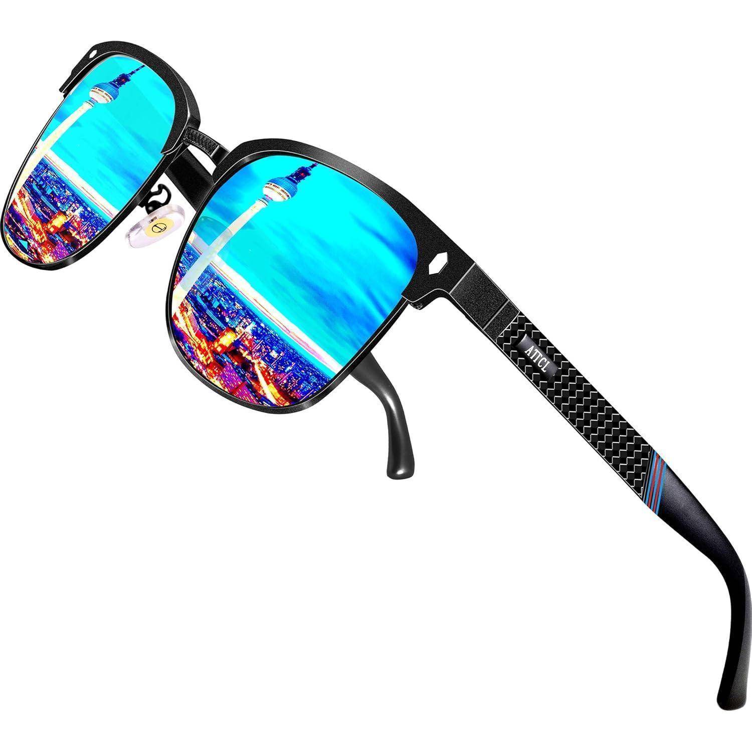 Sonnenbrille mit blau getönten Gläsern, die eine lebendige Stadtlandschaft spiegeln, einschließlich eines Turms, heller Lichter und farbenfroher Gebäude.