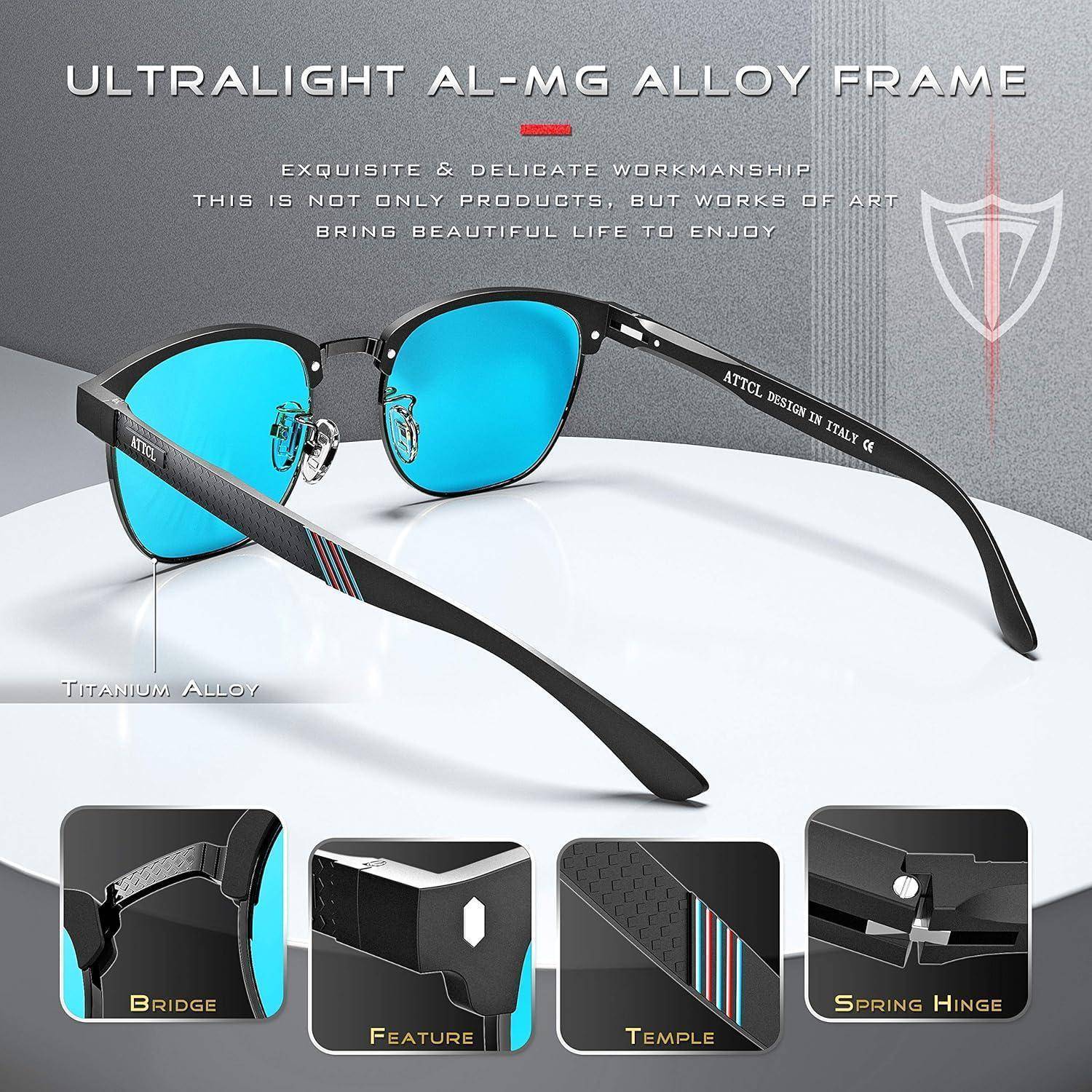 Sonnenbrille mit blauen Gläsern und einem ultraleichten Rahmen aus Aluminium-Magnesium-Legierung. Besondere Merkmale: Titanlegierungssteg, Bügel und Federscharnier.