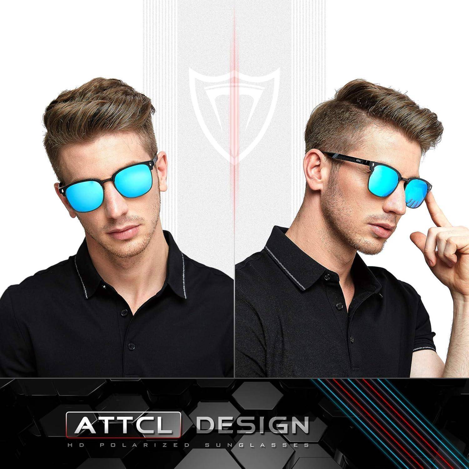 Zwei Männer mit blauen Reflektionssonnenbrillen und schwarzen Hemden posieren nebeneinander in einem Werbebild für ATCL Design Sonnenbrillen.