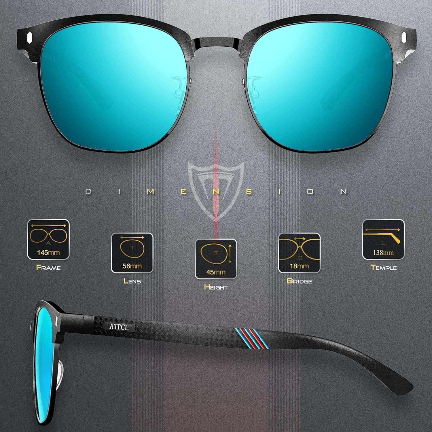 Sonnenbrille mit blauen Gläsern, schwarzem Gestell mit Maßen: Rahmen 145 mm, Glas 56 mm, Höhe 45 mm, Nasensteg 18 mm, Bügel 138 mm.