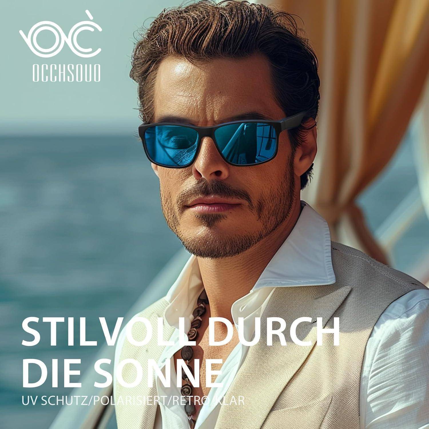 Ein Mann mit Sonnenbrille im Freien, mit dem Text 'Stilvoll durch die Sonne; UV Schutz/Polarisiert/Retro-Char