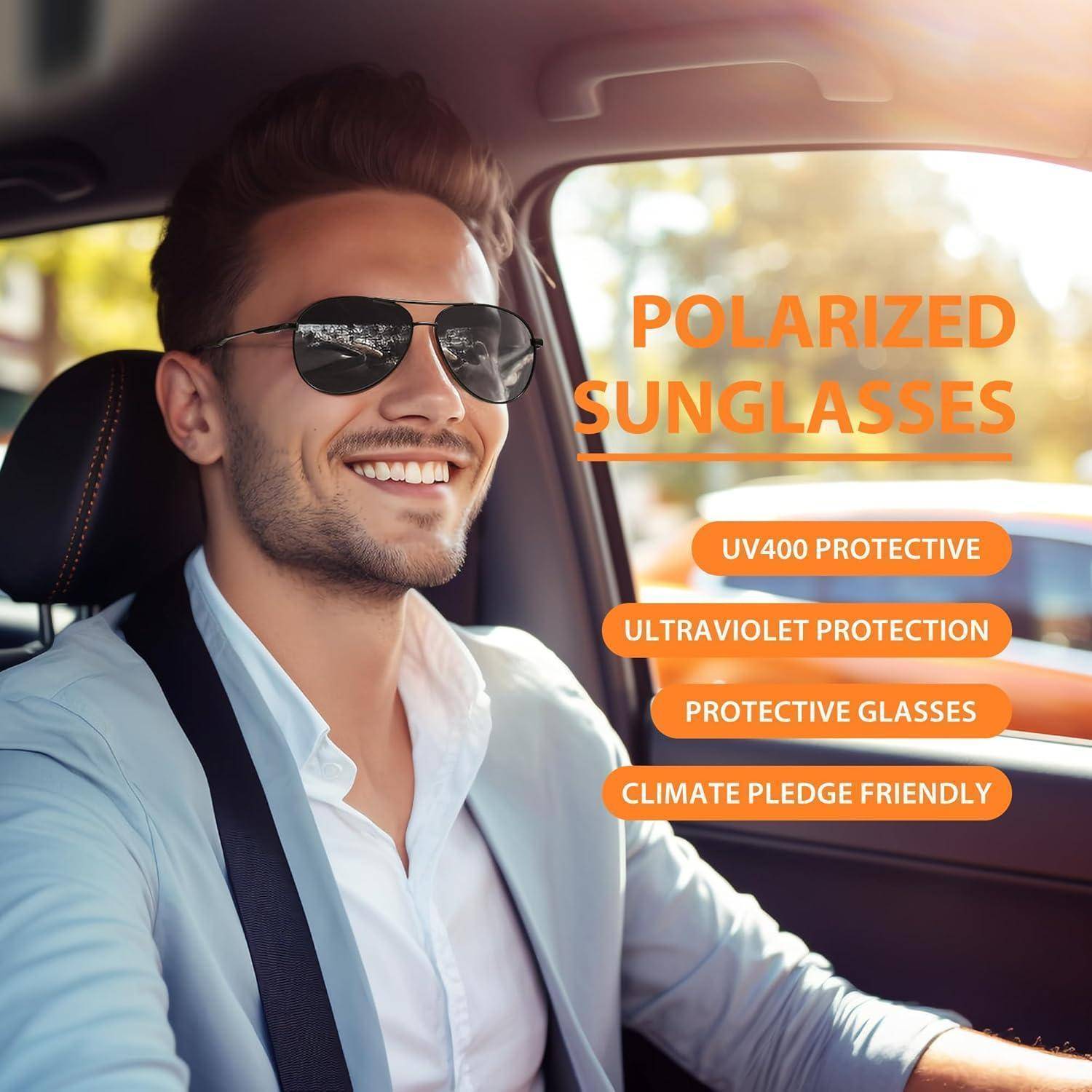 Eine Person in einem Auto mit Sonnenbrille mit Text: 'Polarisierte Sonnenbrille', 'UV400 Schutz', 'Ultraviolettschutz', 'Schutzbrille', 'Klimaschutz-Freundlich'.