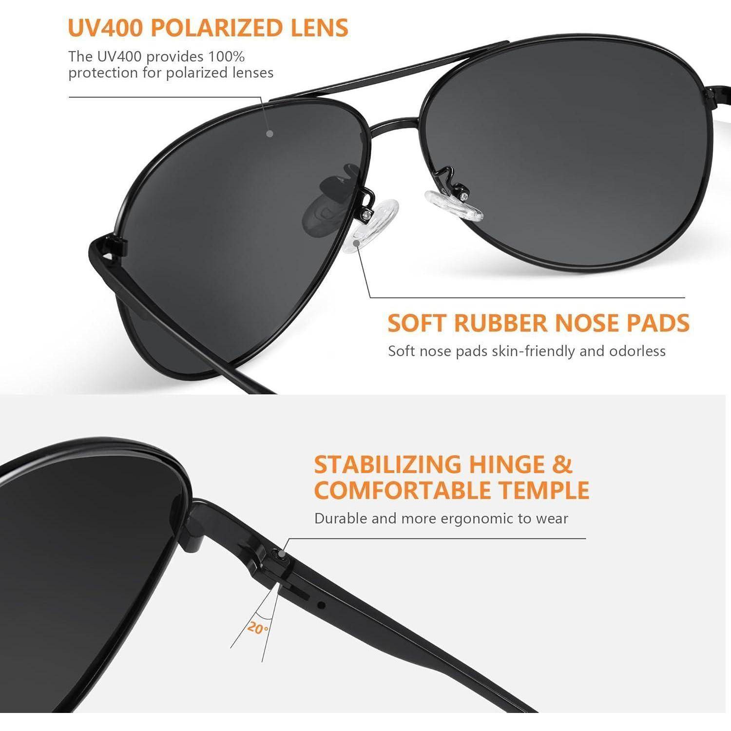 Sonnenbrille mit 'UV400 polarisiertem Glas' für 100% UV-Schutz, 'weichen Gumminasenstegen' und 'stabilem Scharnier & bequemen Bügeln'.