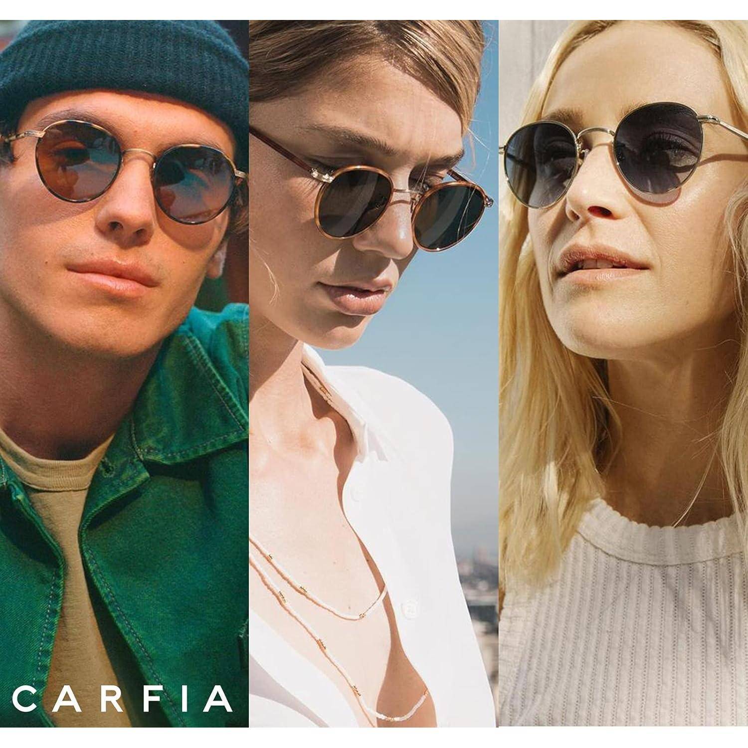 Drei Personen mit Sonnenbrillen, die eine stilvolle und vielfältige Auswahl an Eyewear in verschiedenen Umgebungen präsentieren. Die Marke 'CARFIA' wird gezeigt.