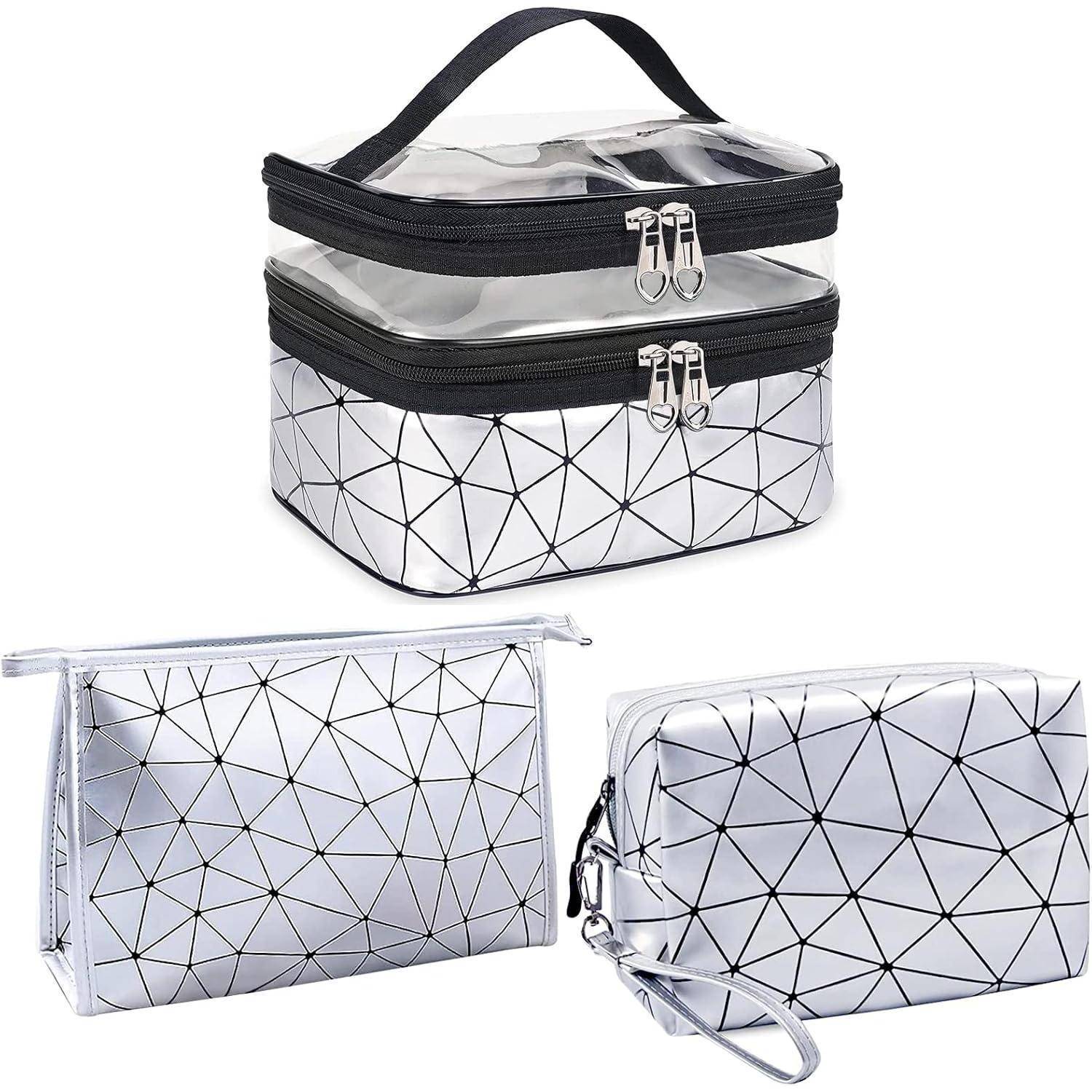 Kosmetiktasche Damen 3er Set Transparent Schminktasche Sillber