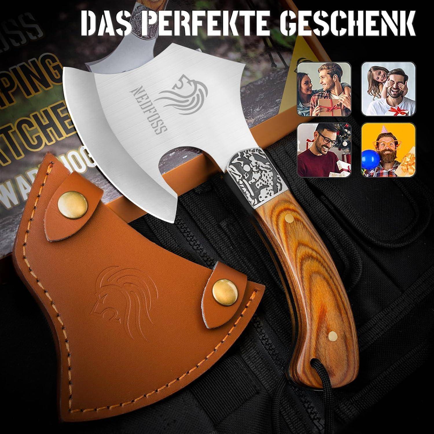 Eine Handaxt mit Holzgriff und Lederscheide wird prominent mit dem Text 