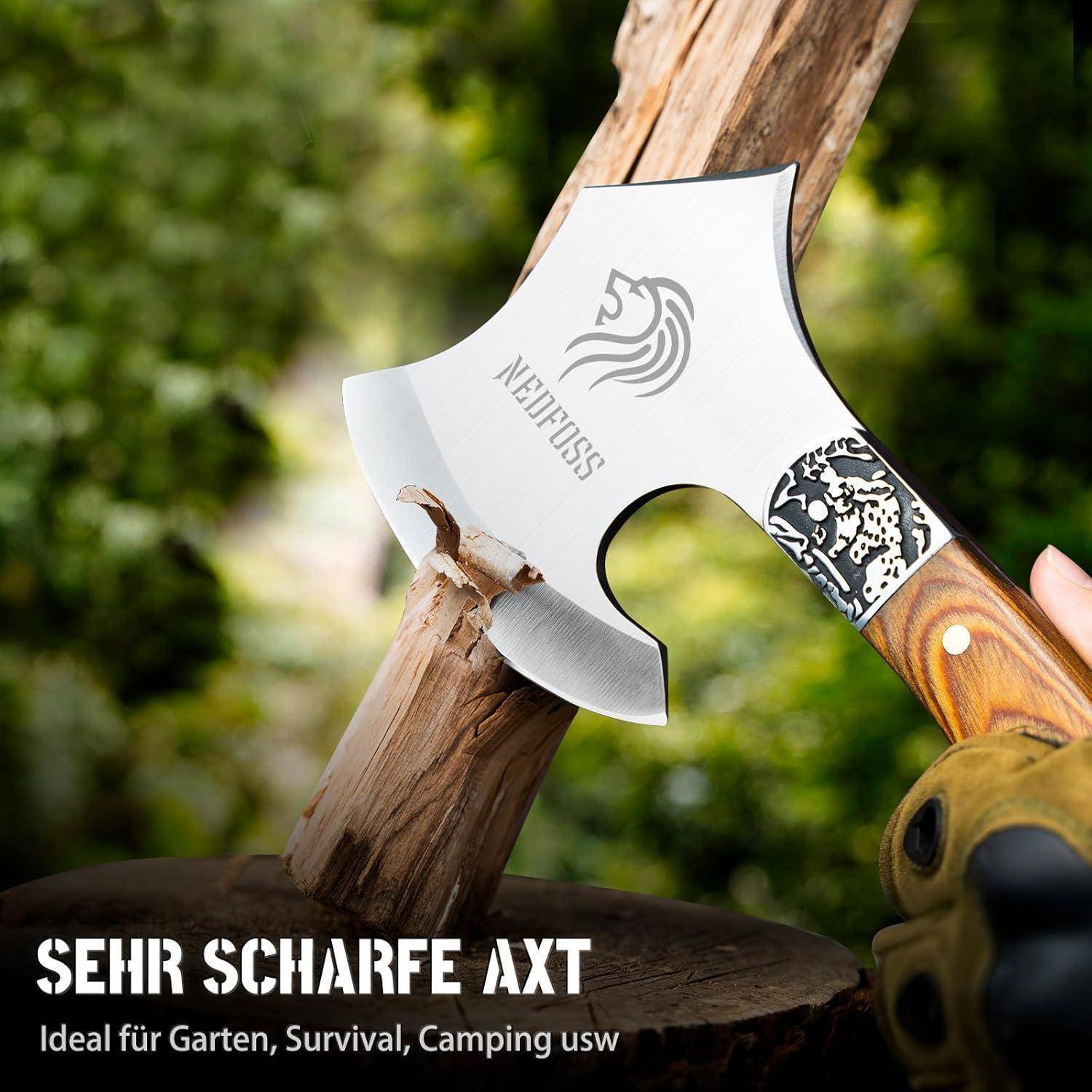 A sharp axe with a silver blade and wooden handle is shown cutting through a log. The text reads 'Very sharp axe' and 'Ideal for garden, survival, camping etc.'.