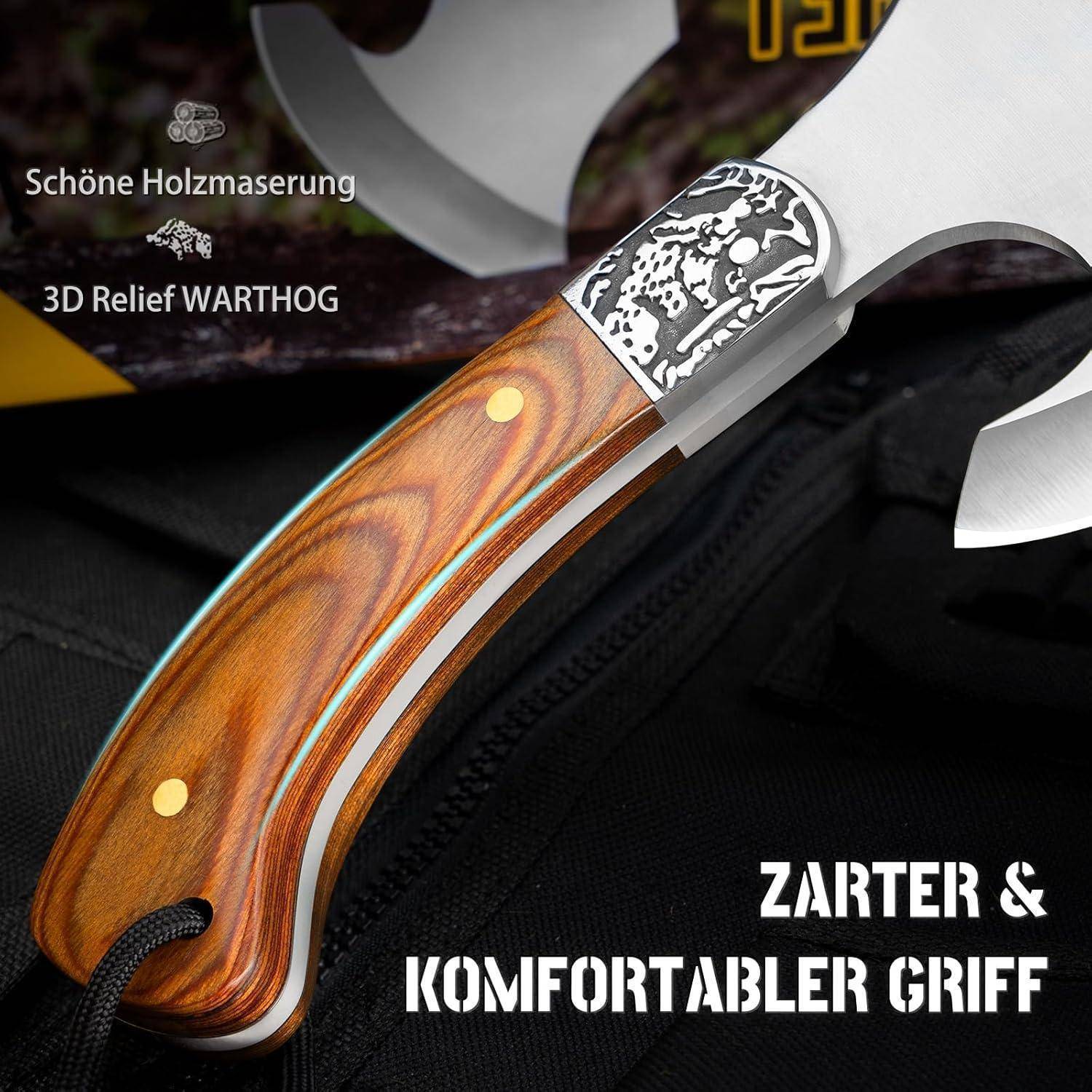 Ein Messer mit einem Holzgriff und aufwendiger Metalleingravierung, beschrieben als 'Schöne Holzmaserung' und 'Zarter & Komfortabler Griff'.