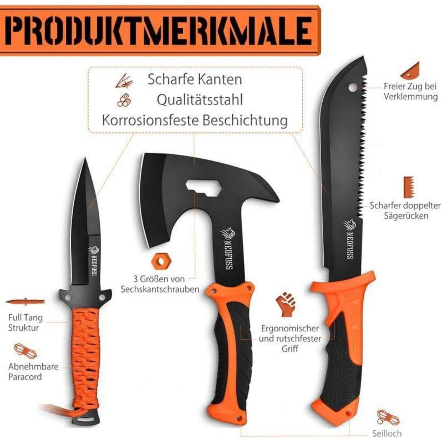 Machete Set Axt Messer mit Feuerstahl 38,5 cm 25,3 cm Paracord