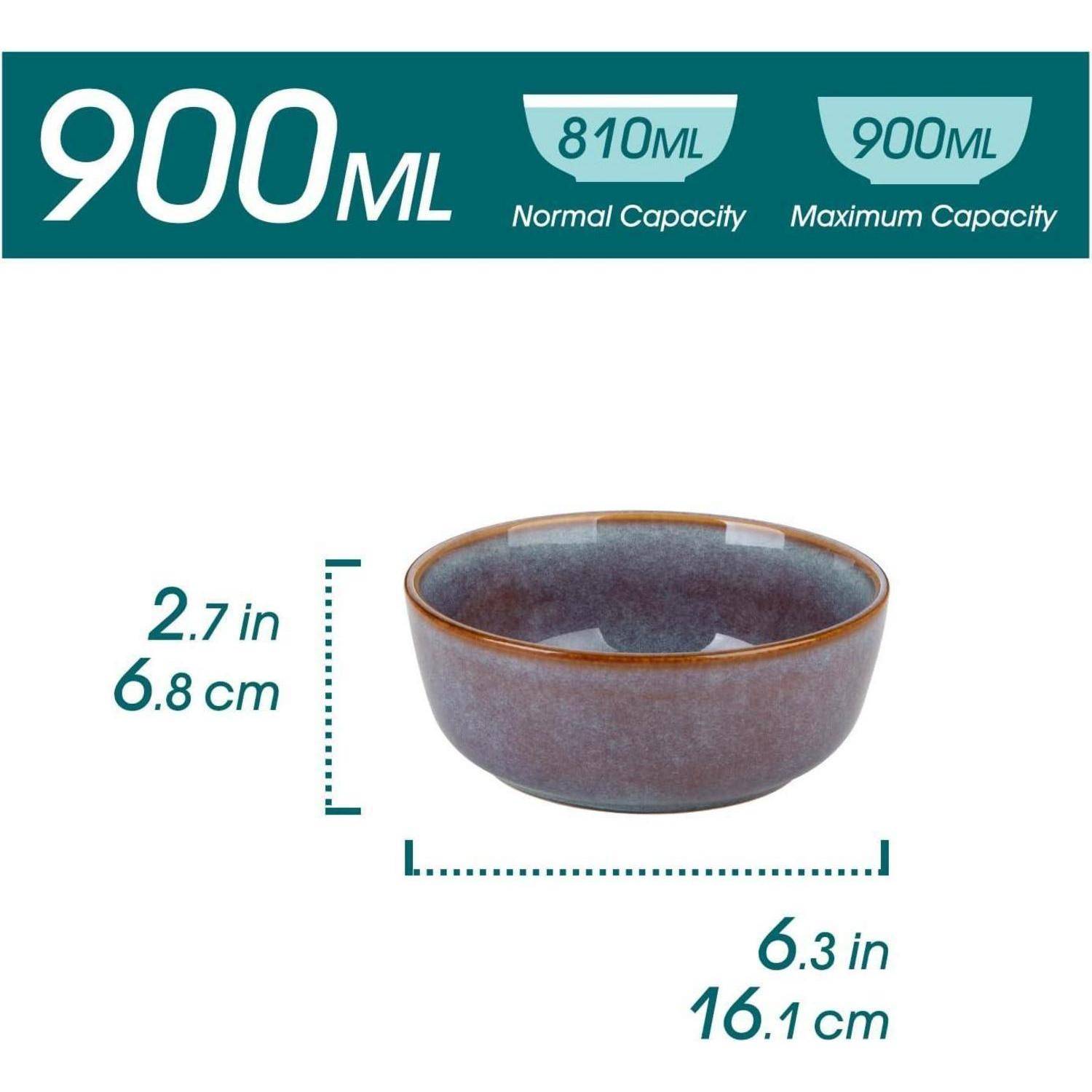 Spezifikationen für Müslischüssel: 900 ml Fassungsvermögen, 6,3 Zoll breit, 2,7 Zoll hoch. Maximales Fassungsvermögen 900 ml, normal 810 ml.