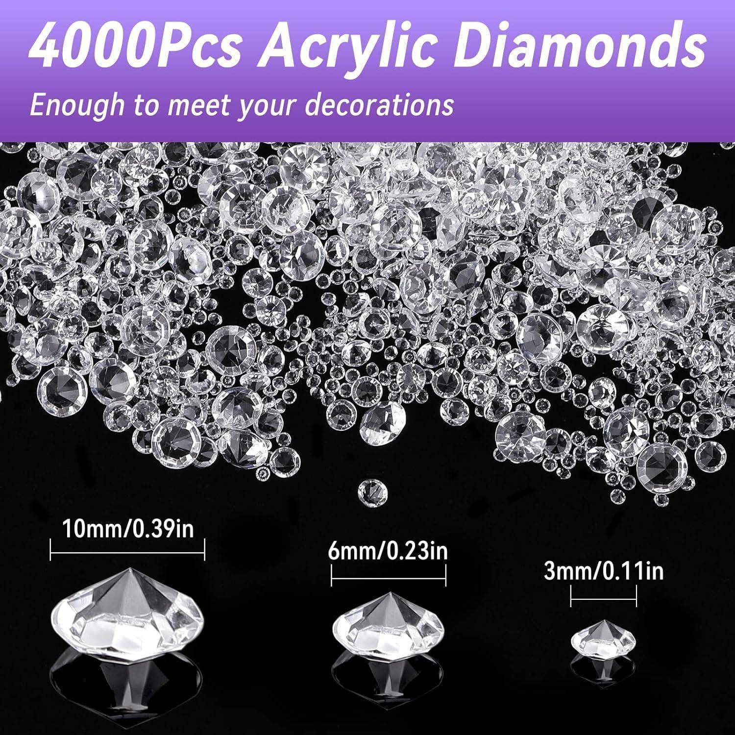 Eine Vielzahl von klaren Acryl-Diamanten in den Größen 10mm, 6mm und 3mm werden gezeigt. Der Text lautet 
