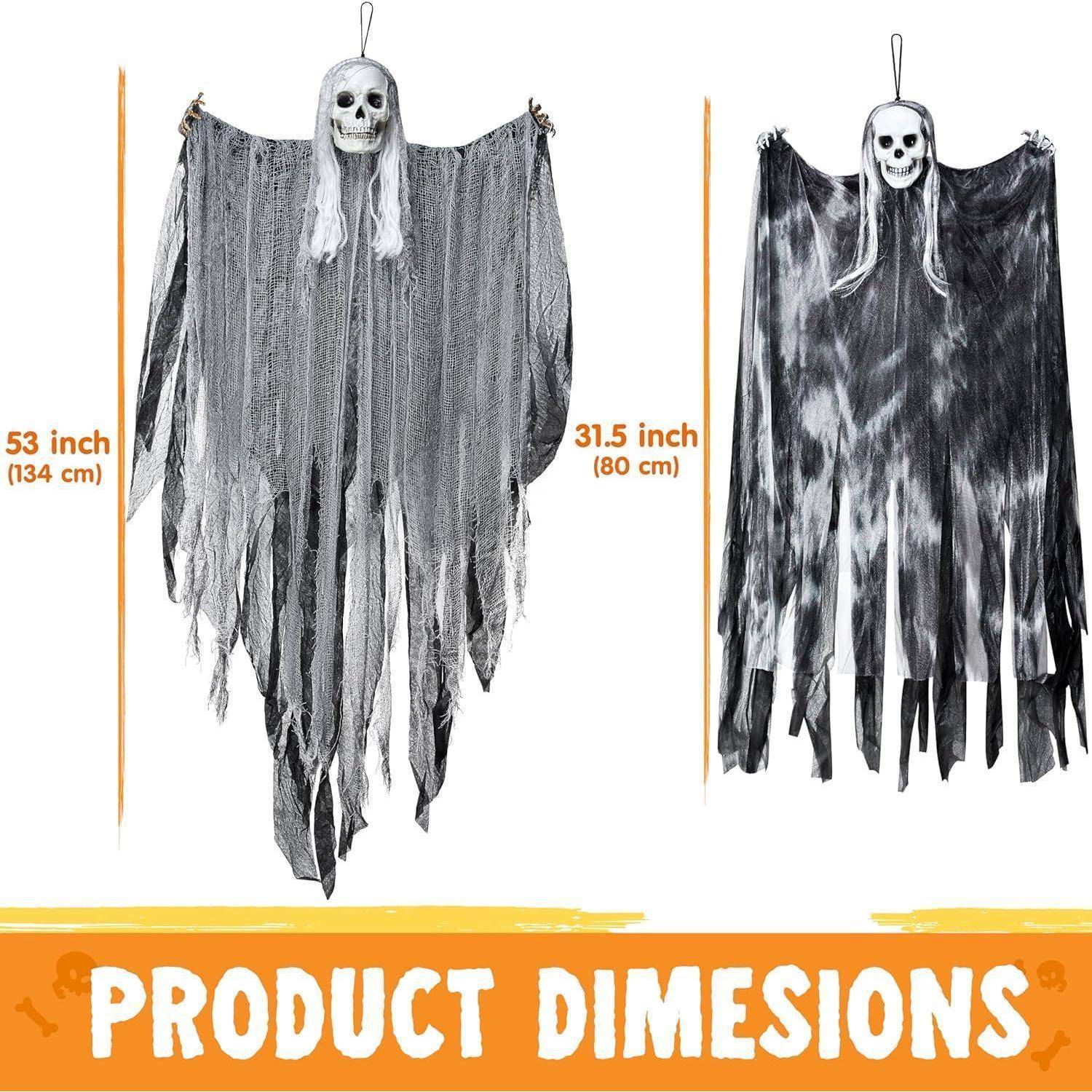 Halloween-Dekorationen mit zwei geisterhaften Figuren, eine 53 Zoll (134 cm) groß und eine andere 31,5 Zoll (80 cm) groß.