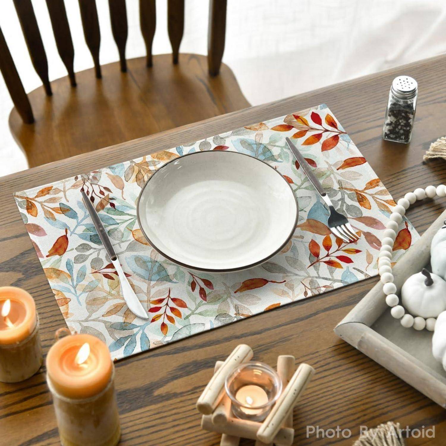 Platzsets Blätter Herbst Waschbar 30 x 45 cm 6er Set Orange Beige