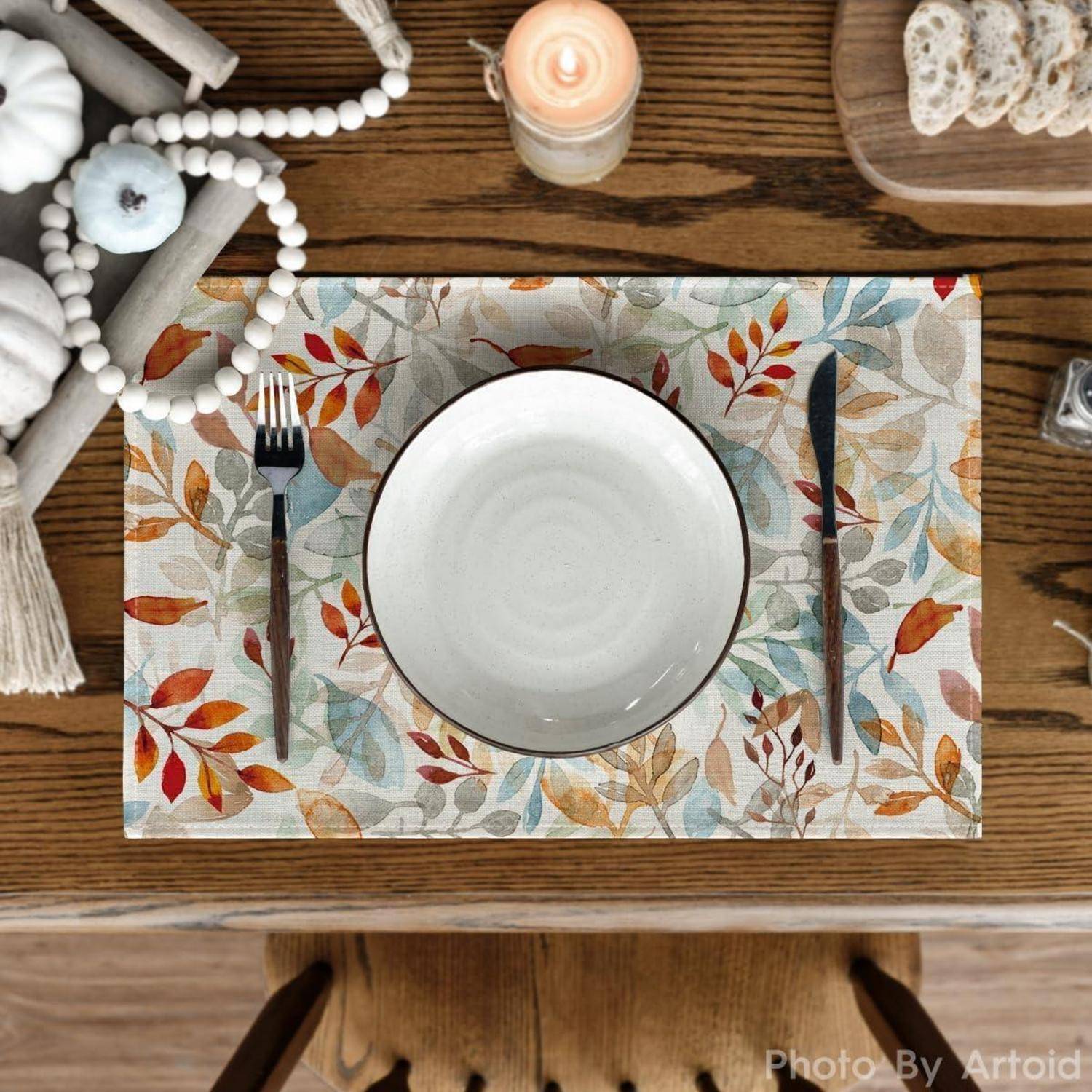 Platzsets Blätter Herbst Waschbar 30 x 45 cm 6er Set Orange Beige