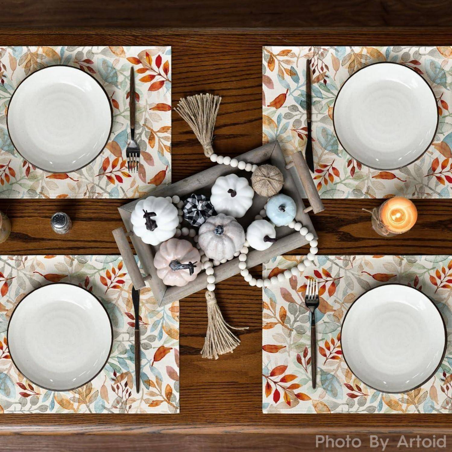 Platzsets Blätter Herbst Waschbar 30 x 45 cm 6er Set Orange Beige
