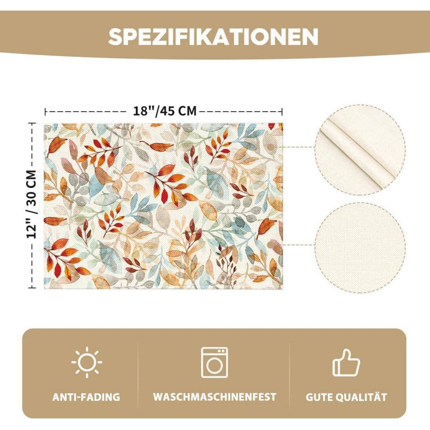 Platzsets Blätter Herbst Waschbar 30 x 45 cm 6er Set Orange Beige