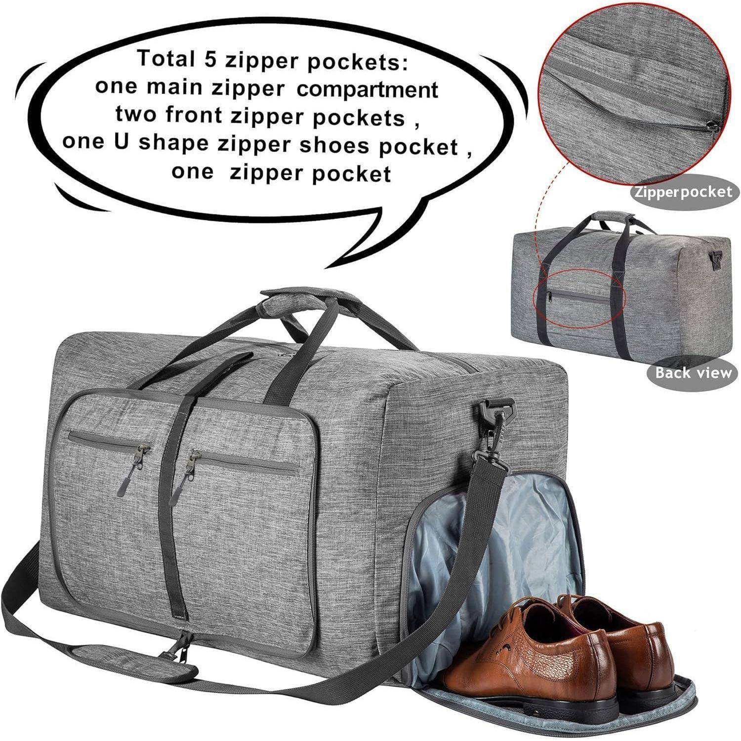 Ein grauer Reisekoffer mit fünf Reißverschlusstaschen, einschließlich eines Hauptfachs, zwei Vordertaschen, einer U-förmigen Schuhfachwand und einer zusätzlichen Tasche.