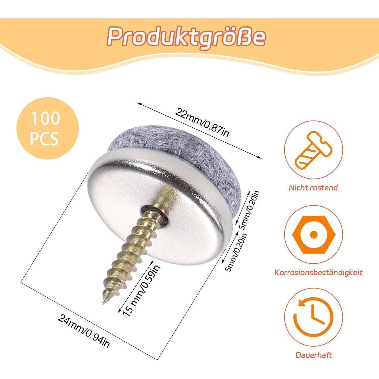 Ein Diagramm zeigt eine 100er-Packung von 22-mm-Unterlegscheiben mit Schrauben, gekennzeichnet als 