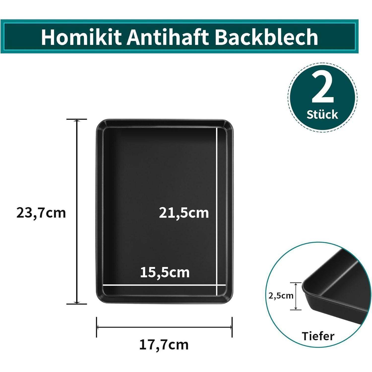 Antihaft-Backblech-Set, 2-teilig, Abmessungen 23,7 cm x 17,7 cm x 2,5 cm; innere Abmessungen 21,5 cm x 15,5 cm. Tiefe Kantengestaltung.