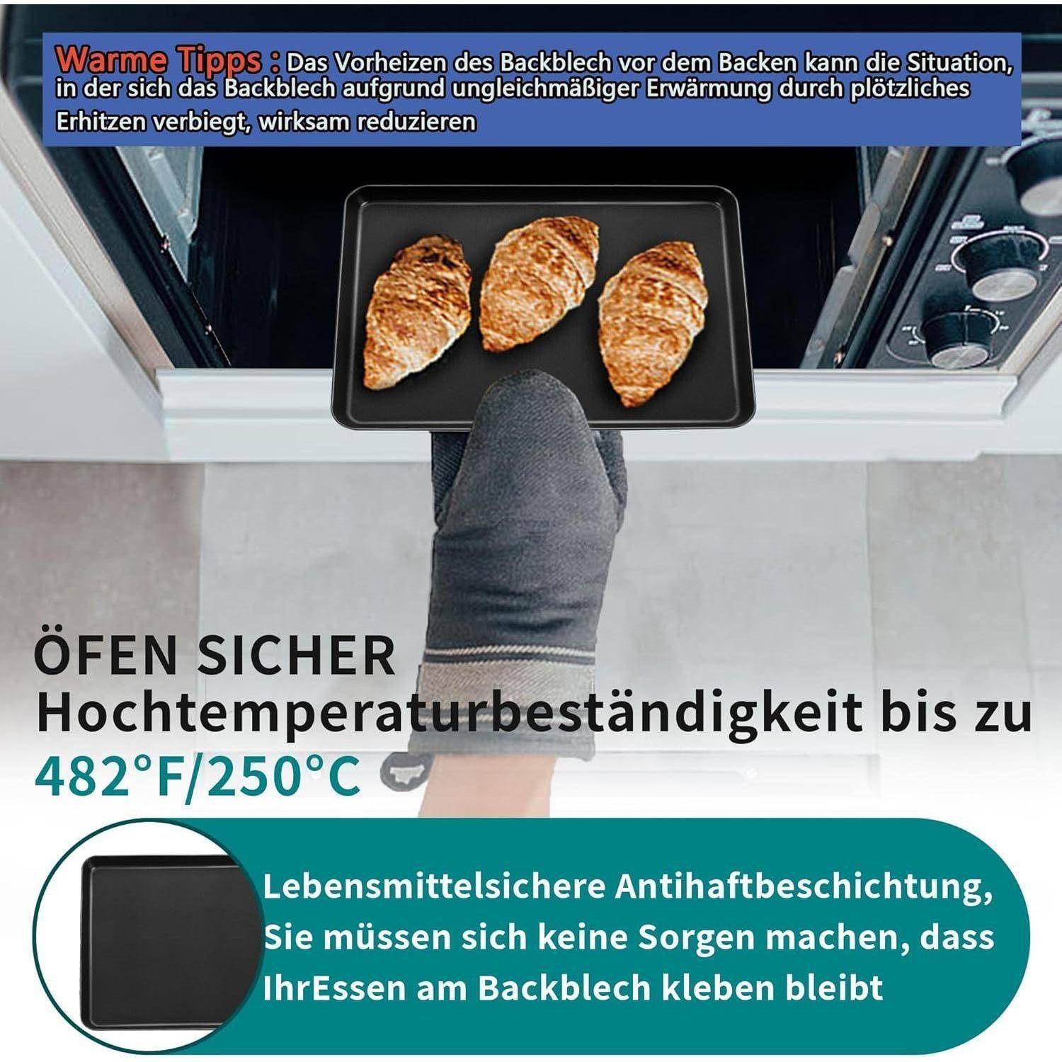 Eine behandschuhte Hand nimmt ein Backblech mit gebackenen Waren aus dem Ofen. Text auf Deutsch hebt Tipps zur sicheren Ofenhandhabung und Temperaturbeständigkeit hervor.