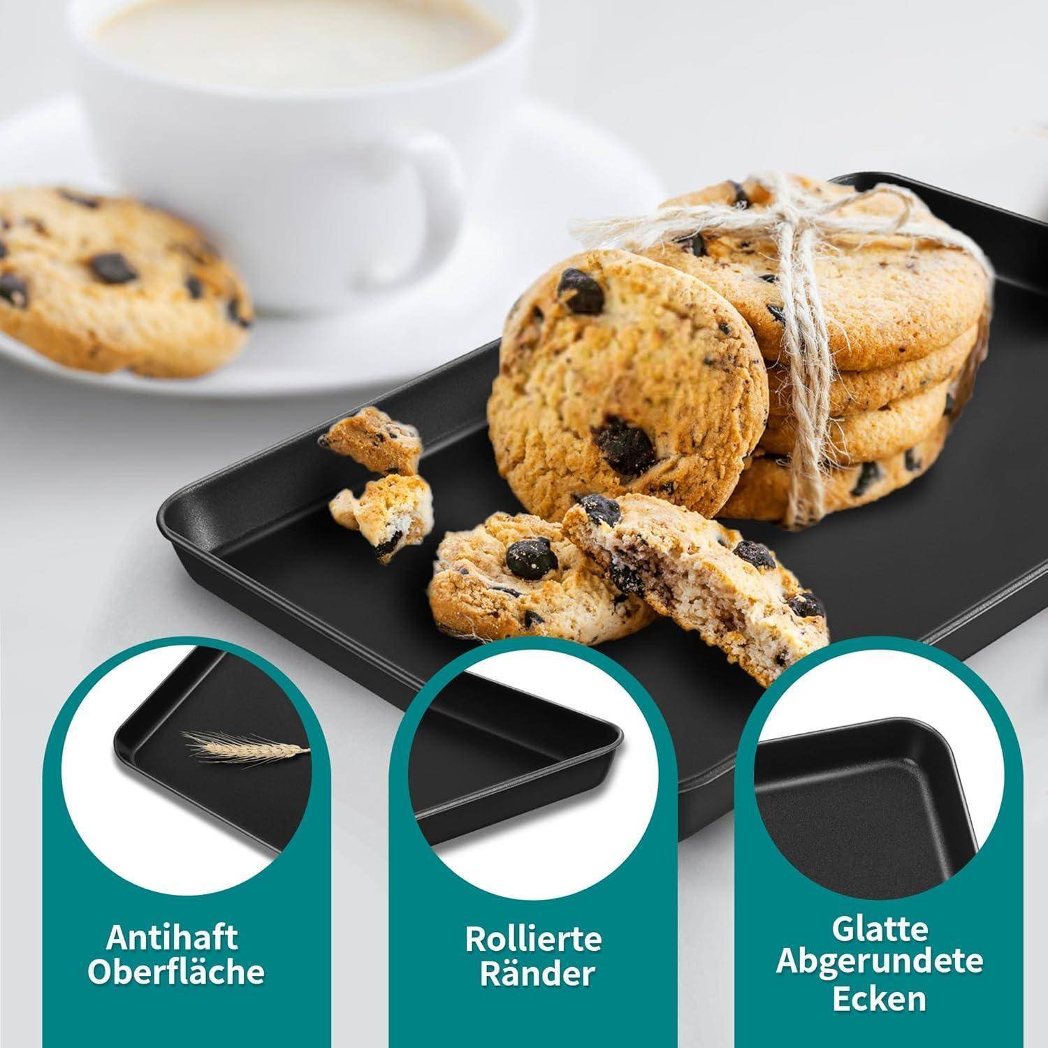 Ein Teller mit Chocolate-Chip-Cookies und einer weißen Kaffeetasse. Eingesetzte Bilder heben Merkmale hervor: kratzfeste Oberfläche, umgerollte Kanten, glatte Ecken. Text auf Deutsch beschreibt jedes Merkmal.