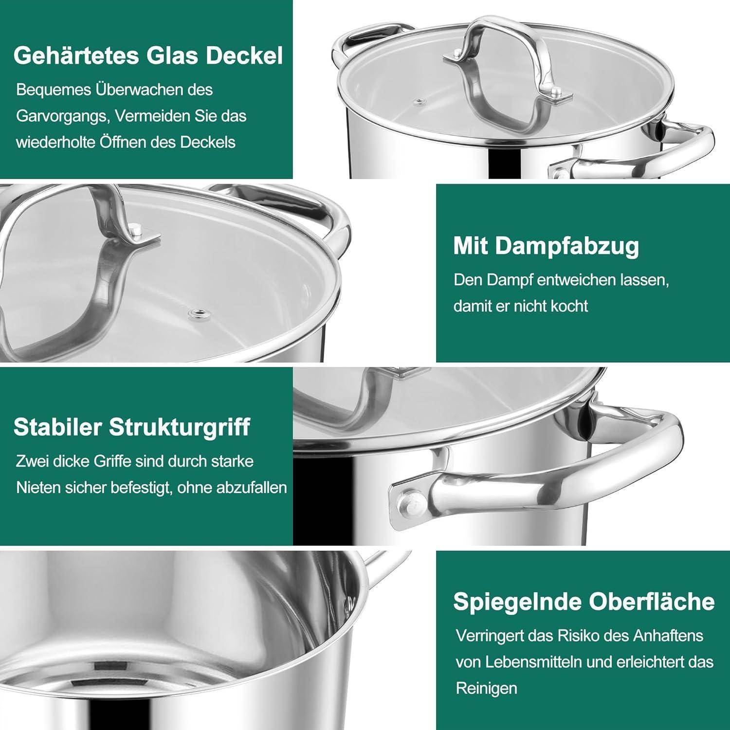 Ein Topf aus Edelstahl mit Glasdeckel wird präsentiert, wobei folgende Merkmale hervorgehoben werden: bequemer Griff, robuster Henkel und Spiegeloberfläche, die das Anhaften reduziert.