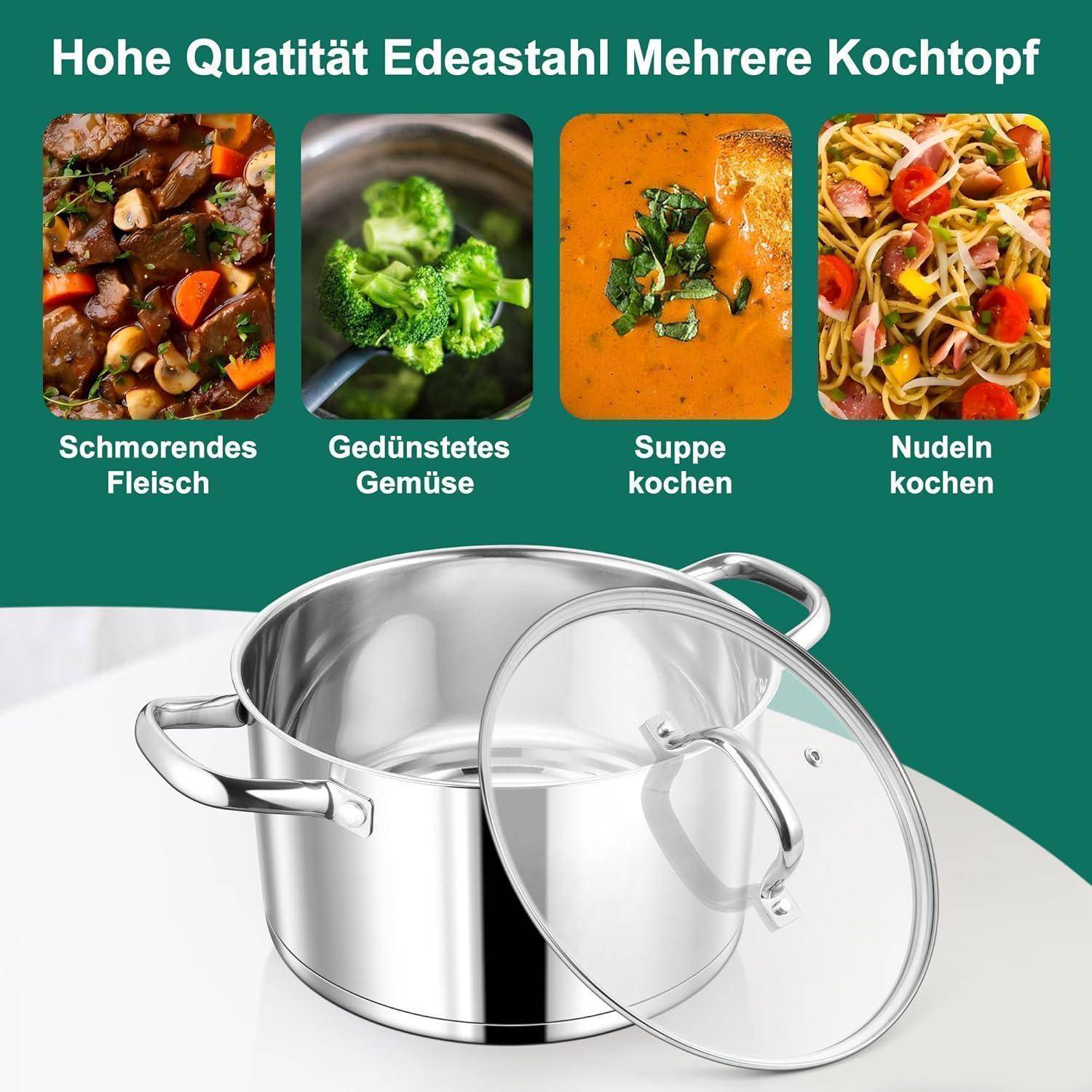 Ein Bild, das einen Stahlkochtopf mit offenem Deckel zeigt. Darüber vier Mahlzeiten-Bilder: geschmortes Fleisch, gedämpftes Gemüse, Suppe und kochende Pasta.