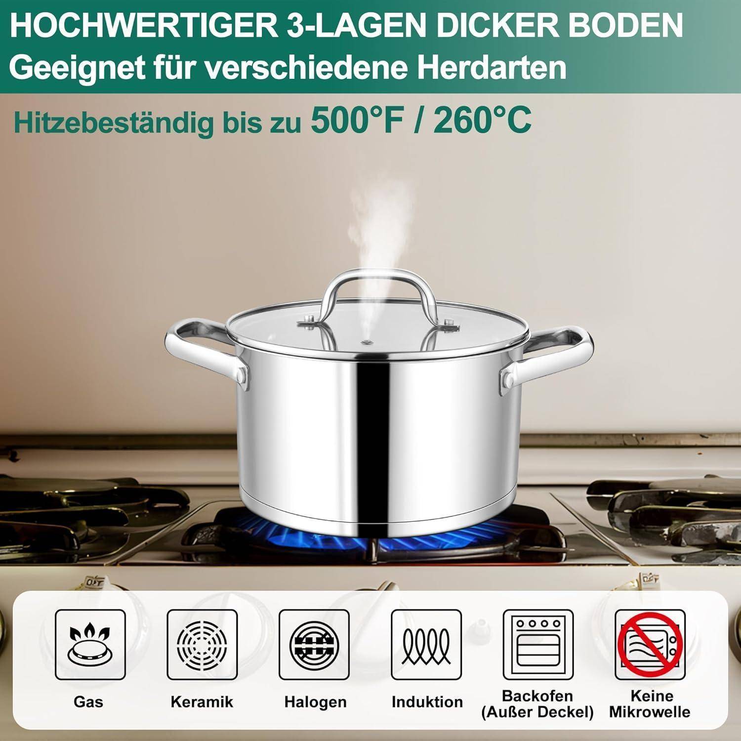 Ein Edelstahlkochtopf auf einem Herd mit blauer Flamme, gekennzeichnet mit 'Hochwertiger 3-Lagen dicker Boden', zeigt eine Hitzebeständigkeit von bis zu 260°C an.
