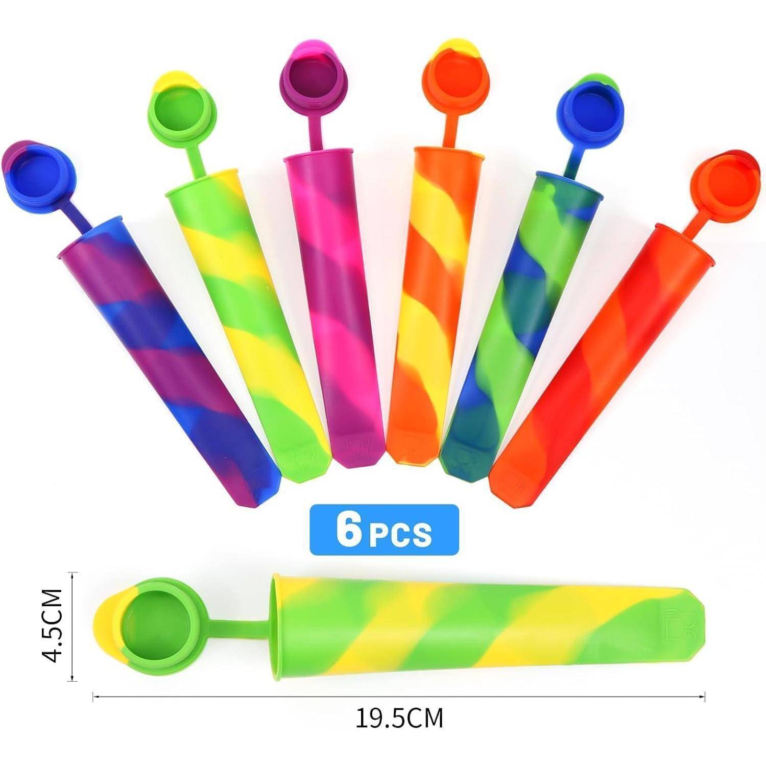 Bunte Silikonformen für Eislutscher in verschiedenen gestreiften Mustern, in Fächerform angeordnet. Eine Form ist mit den Abmessungen beschriftet: 19,5 cm x 4,5 cm. Die Verpackung zeigt '6 Stück' an.
