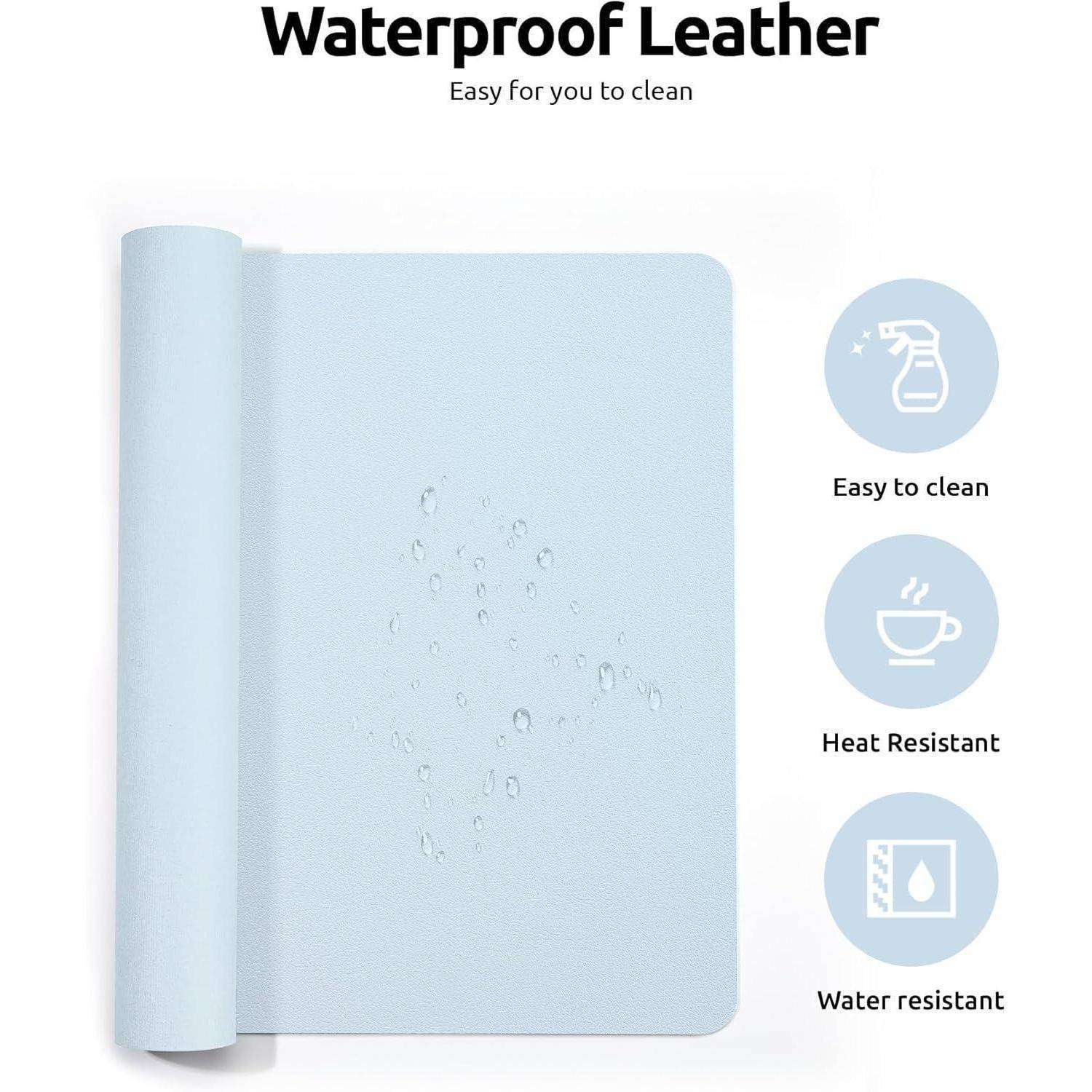Ein hellblauer wasserdichter Lederbelag mit sichtbaren Wassertropfen. Text: 'Wasserdichtes Leder'. Symbole zeigen an, dass es leicht zu reinigen, hitze- und wasserabweisend ist.