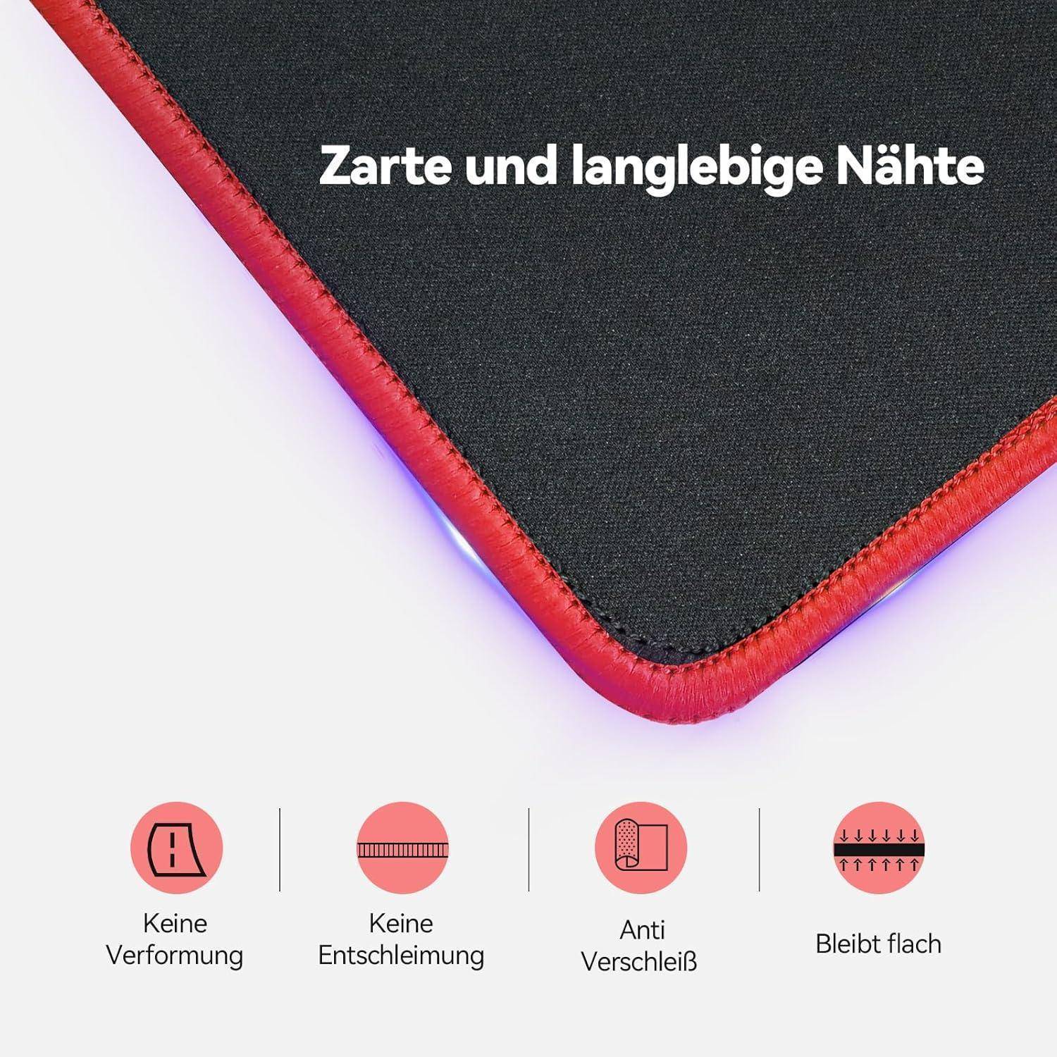 Eine Nahaufnahme eines Gewebes mit roter Einfassung, die feine und robuste Stickerei hervorhebt. Die Symbole darunter zeigen Verformungsresistenz, Rutschfestigkeit, Verschleißbeständigkeit und Ebenheit an.