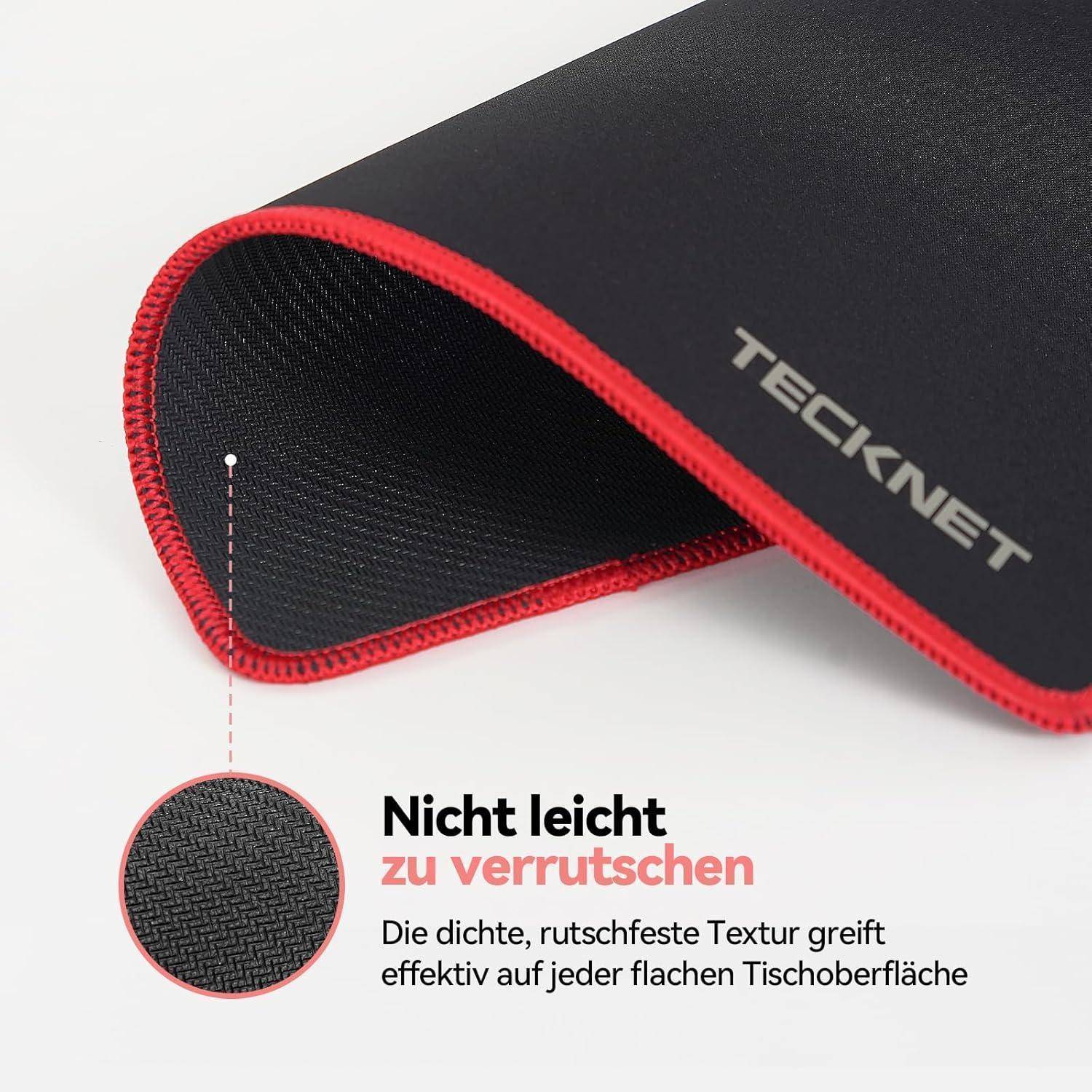 Eine schwarze und rote Tischunterlage mit rutschfester Oberfläche, mit der Aufschrift 
