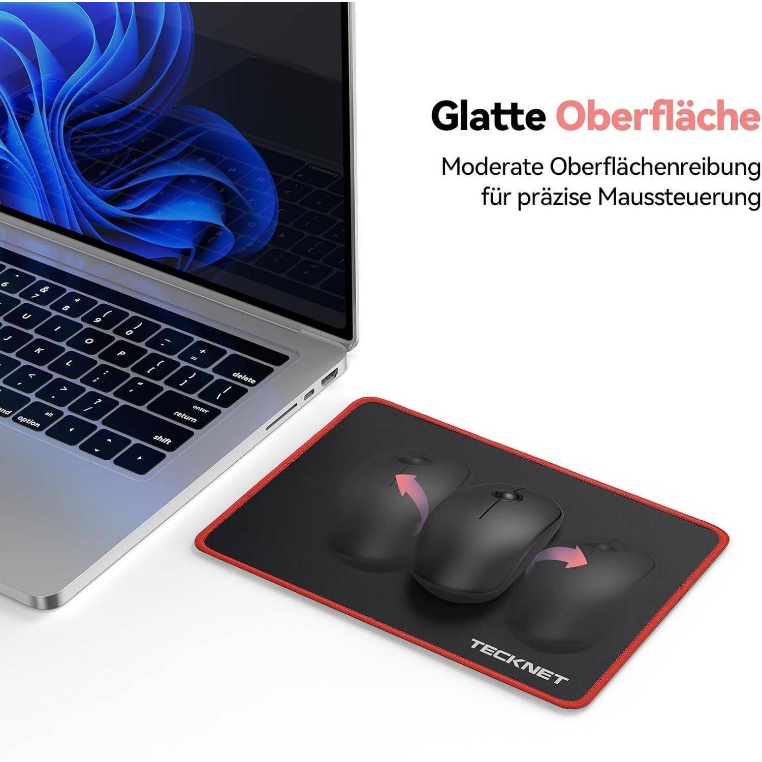 Glatte Oberfläche in roter Schrift. Modernes Laptop neben schwarzem und rotem Mauspad. Text bewirbt glatte Oberfläche für präzise Maussteuerung.