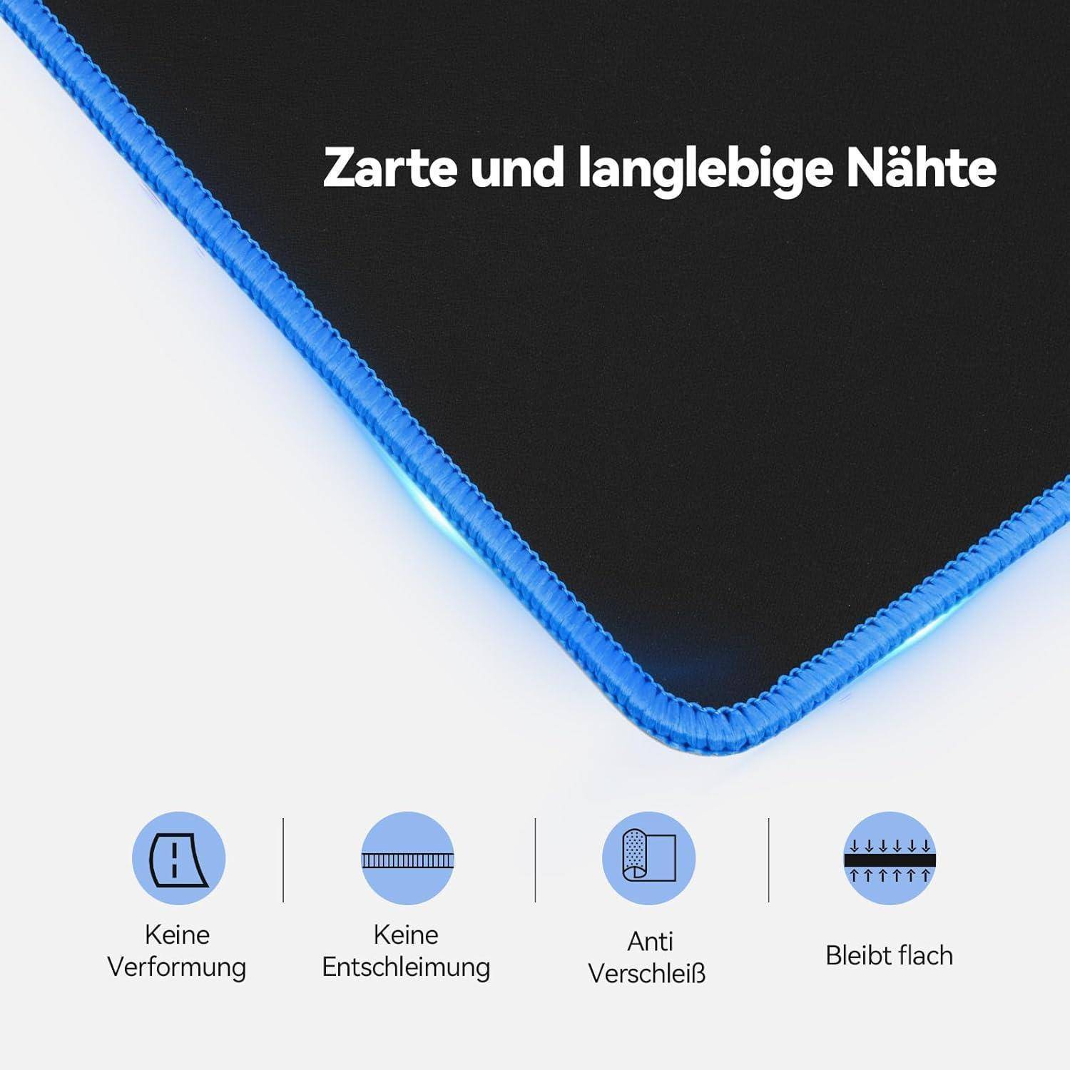 Schwarze Mausmatte mit blauem Rand, Text lautet 'Zarte und langlebige Nähte'. Symbole darunter: keine Verformung, keine Ausfransung, abriebfest, bleibt flach.