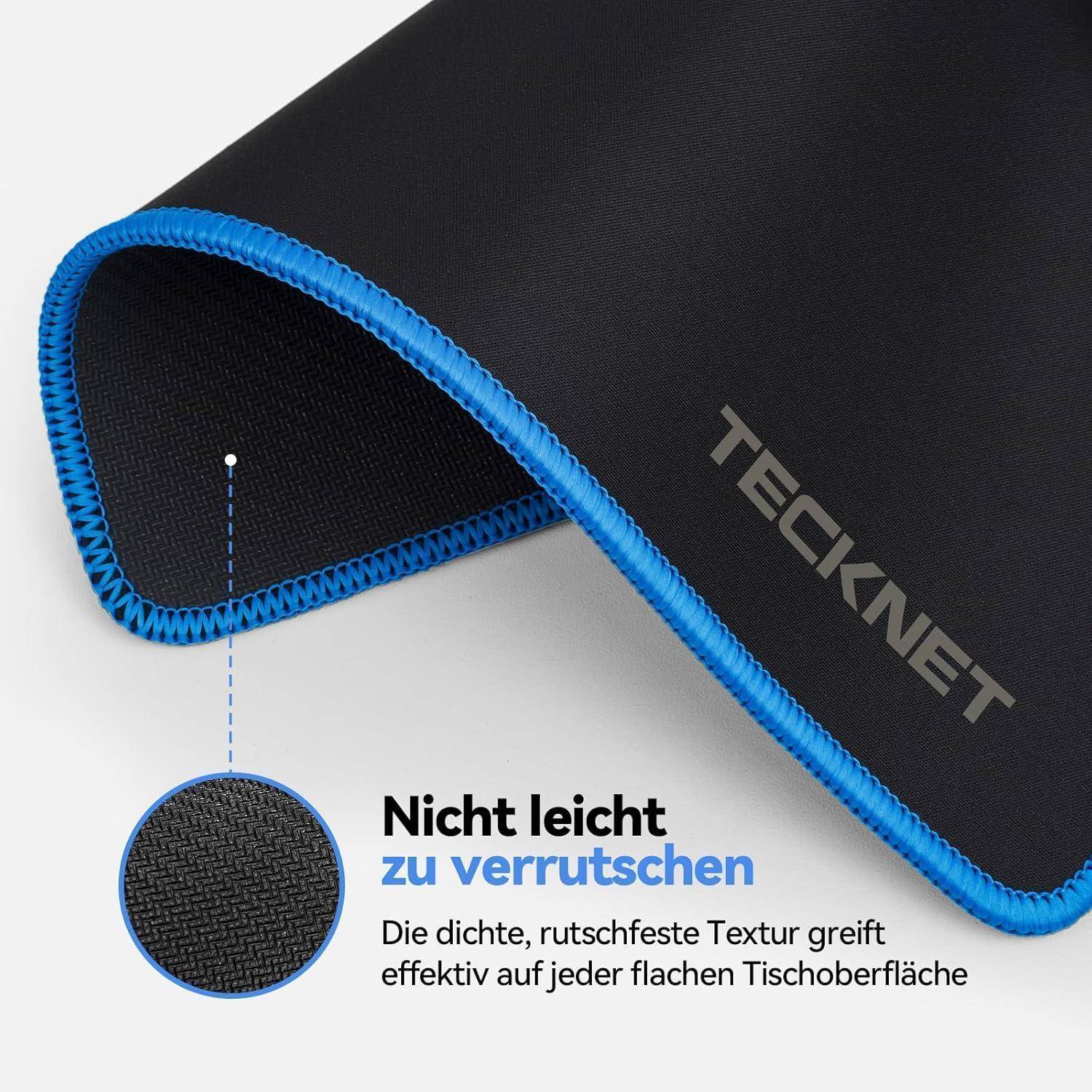 Nahaufnahme eines schwarzen TECKNET-Mousepads mit blauen Kanten, die seine strukturierte Oberfläche zeigt. Der deutsche Text hebt die rutschfesten und effizienzsteigernden Eigenschaften hervor.