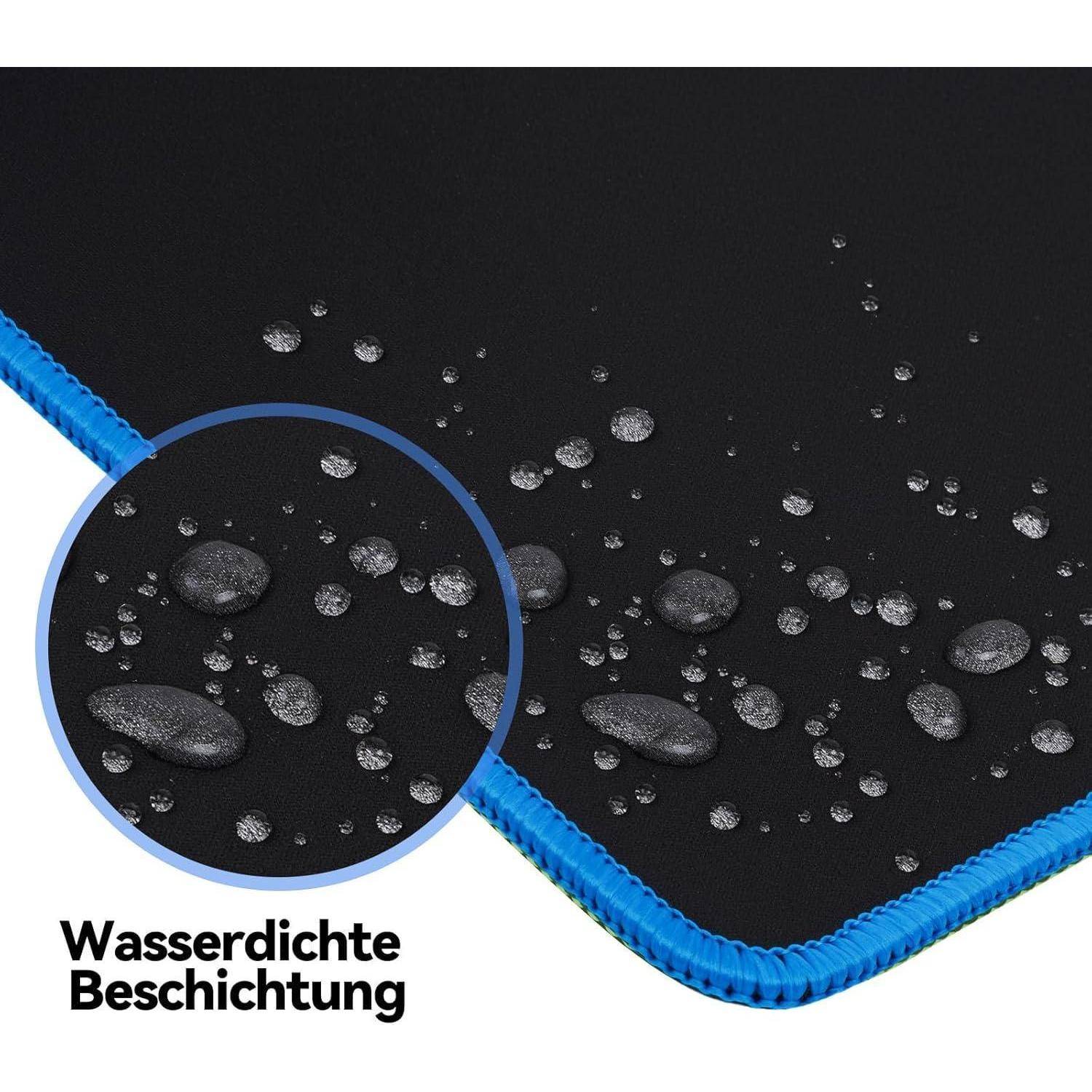 Schwarze Matte mit blauer Einfassung zeigt Nahaufnahme von Wassertropfen und veranschaulicht die 'Wasserdichte Beschichtung'.