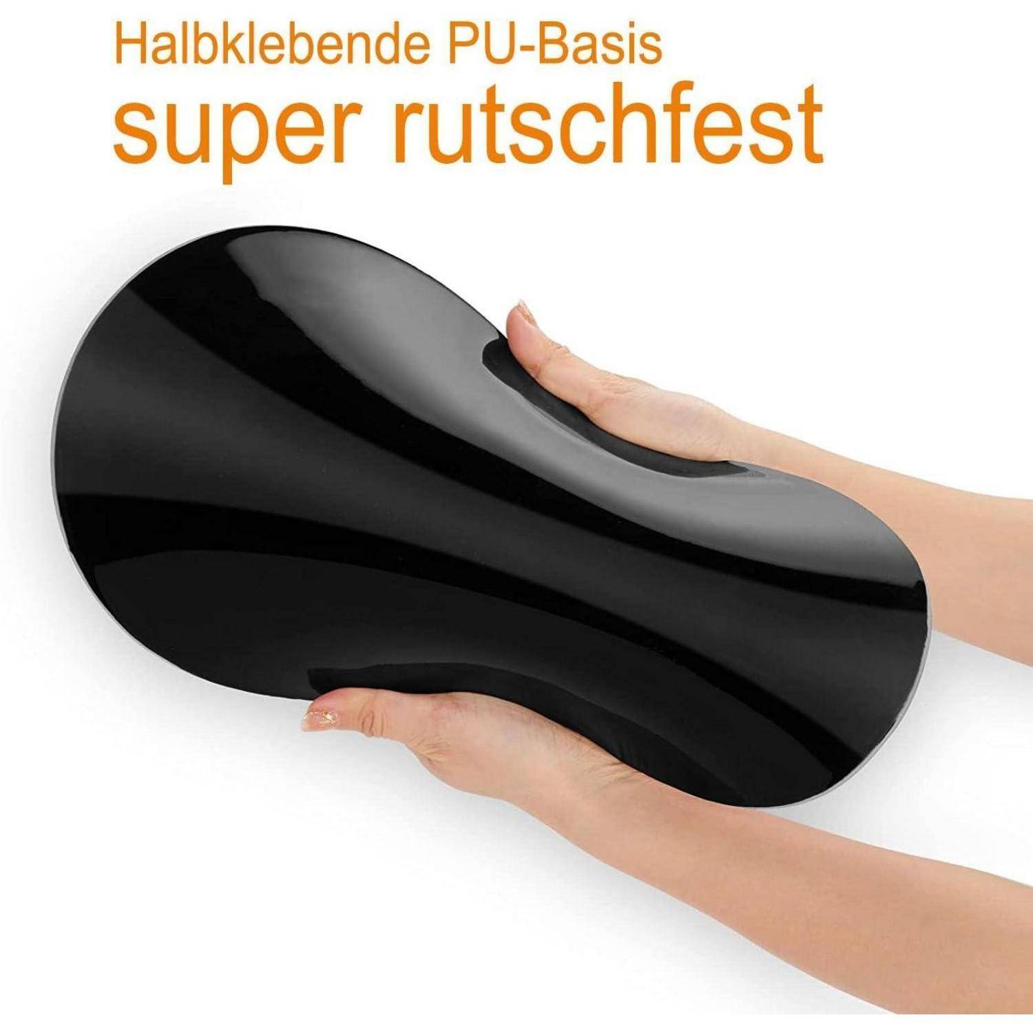 Eine Hand hält ein schwarzes, halbklebendes, rutschfestes PU-Pad. Deutscher Text lautet: 