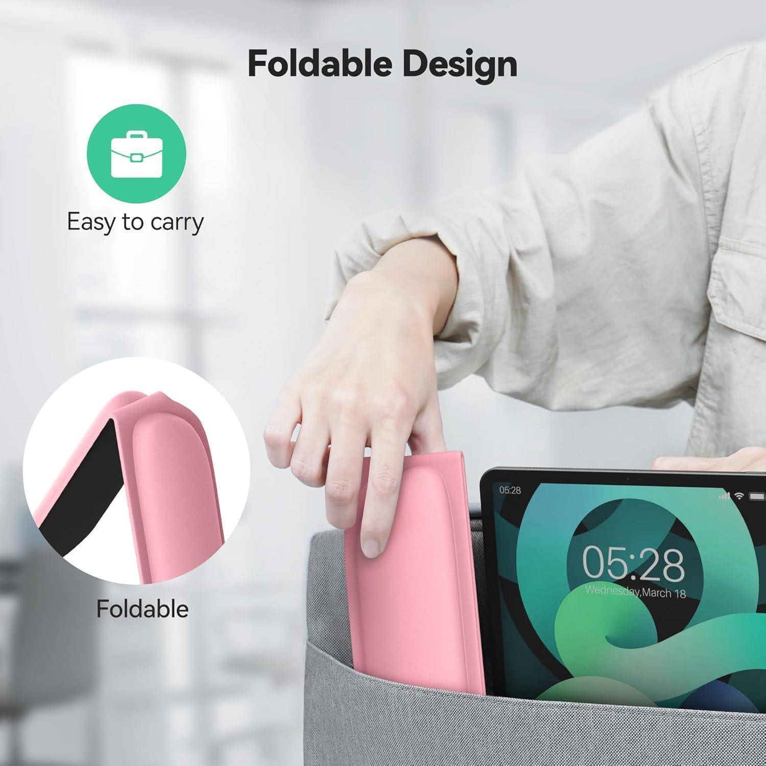Eine Hand legt ein faltbares Telefon in eine Tasche. Text liest sich: „Faltbares Design