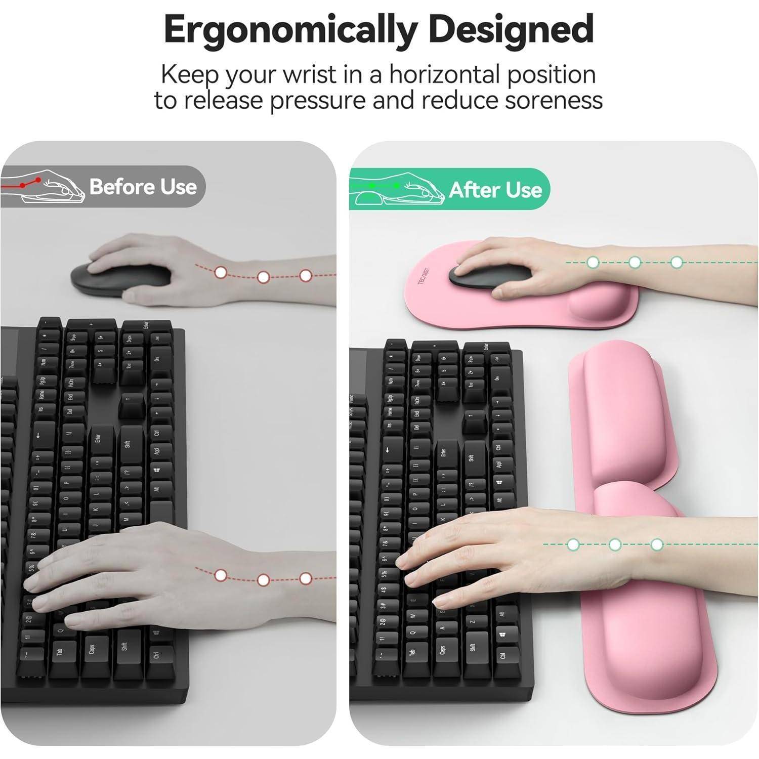 Ergonomisch gestaltet: Halten Sie Ihr Handgelenk in einer horizontalen Position, um Druck zu reduzieren und Schmerzen zu lindern. Bilder zeigen Tastatur mit Handgelenkauflage vor und nach der Nutzung.
